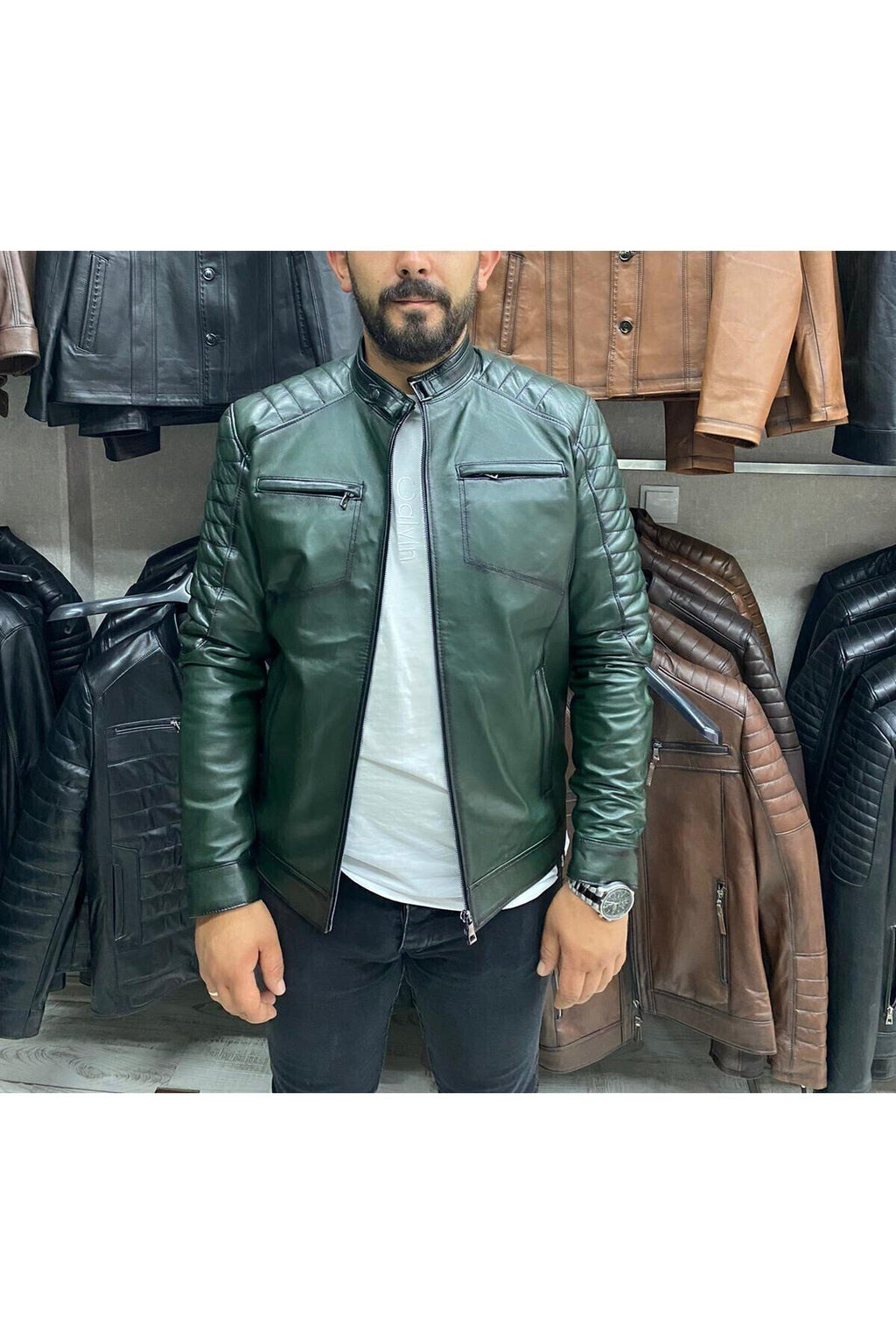 Yeşil Karartmalı Hakiki Deri Spor Mont Ceket Slim Fit