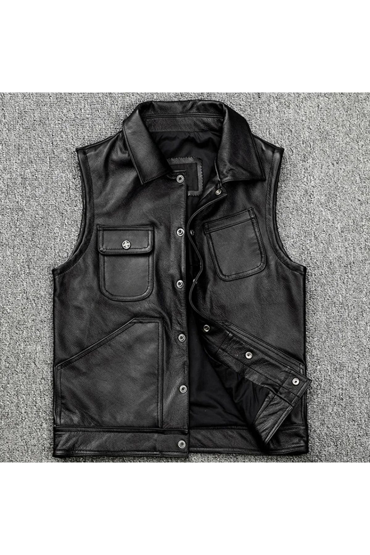 Motorcu tarzı Hakiki kuzu derisi yelek