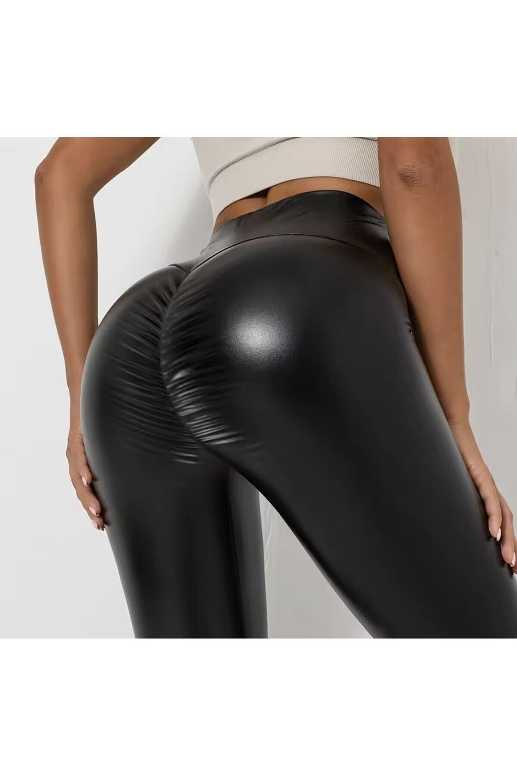 Yüksek Bel Deri Görünümlü Büzgülü Spor Tayt, Siyah, Popo Kaldırıcı, Fitness ve Yoga için