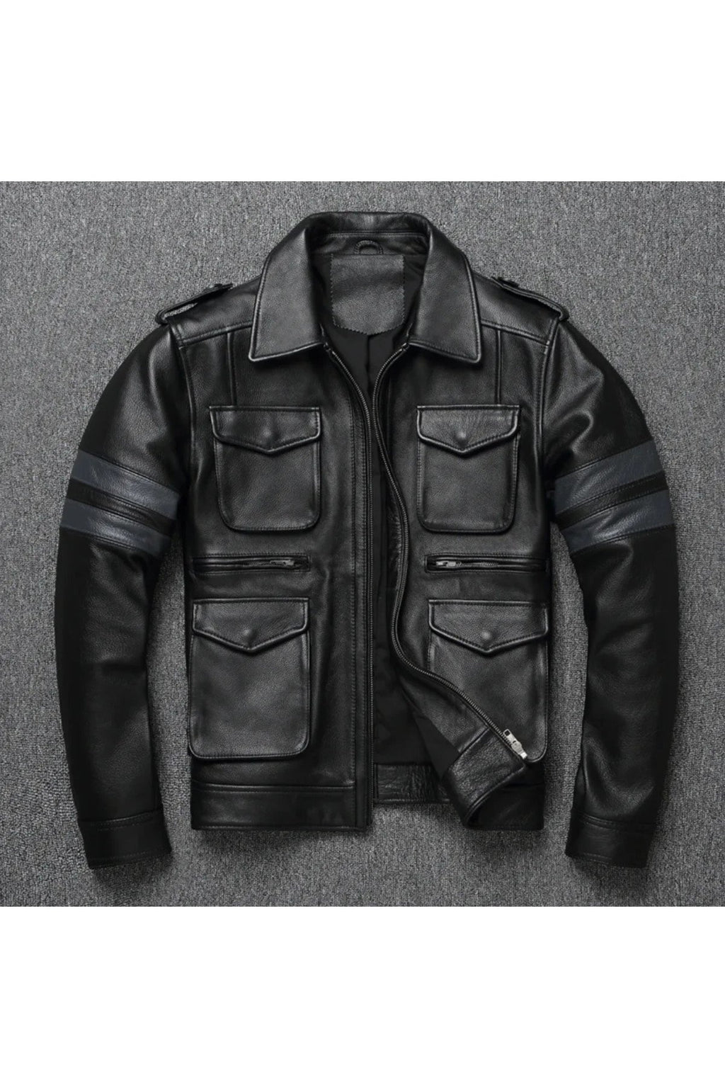 Hakiki Kuzu Derisi Kolları Yatay Gri Çizgili Siyah Spor Mont