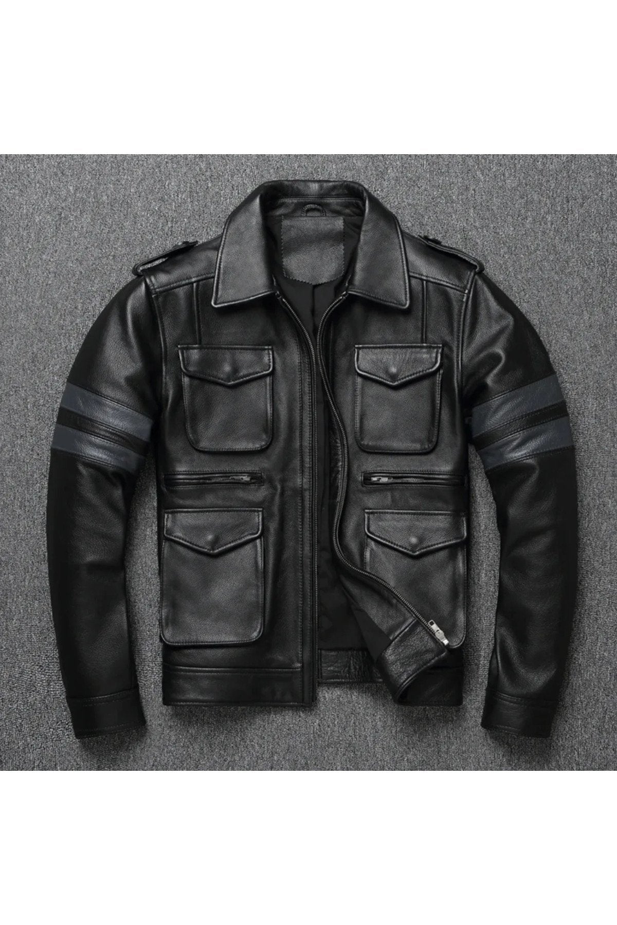 Hakiki Kuzu Derisi Kolları Yatay Gri Çizgili Siyah Spor Mont