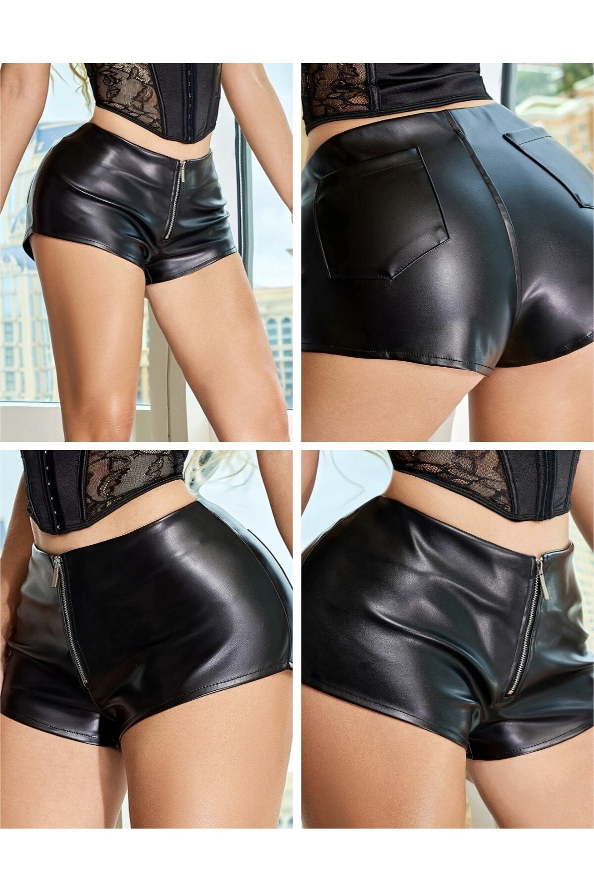 Deri mini şort fermuarlı