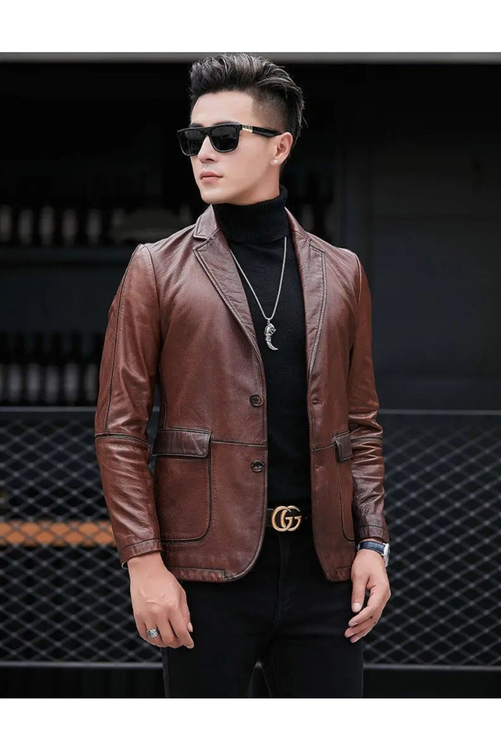 Deri ceket kapaklı torba cepli karartmalı kahve renk