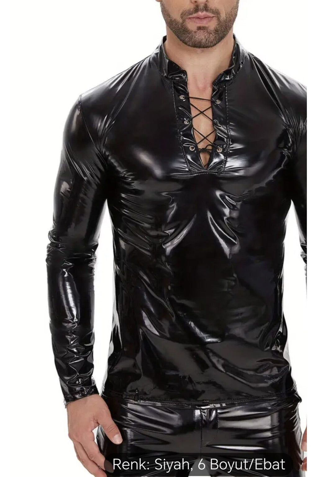 Parlak Rugan Deri Yakası İp Bağlamalı Tişört