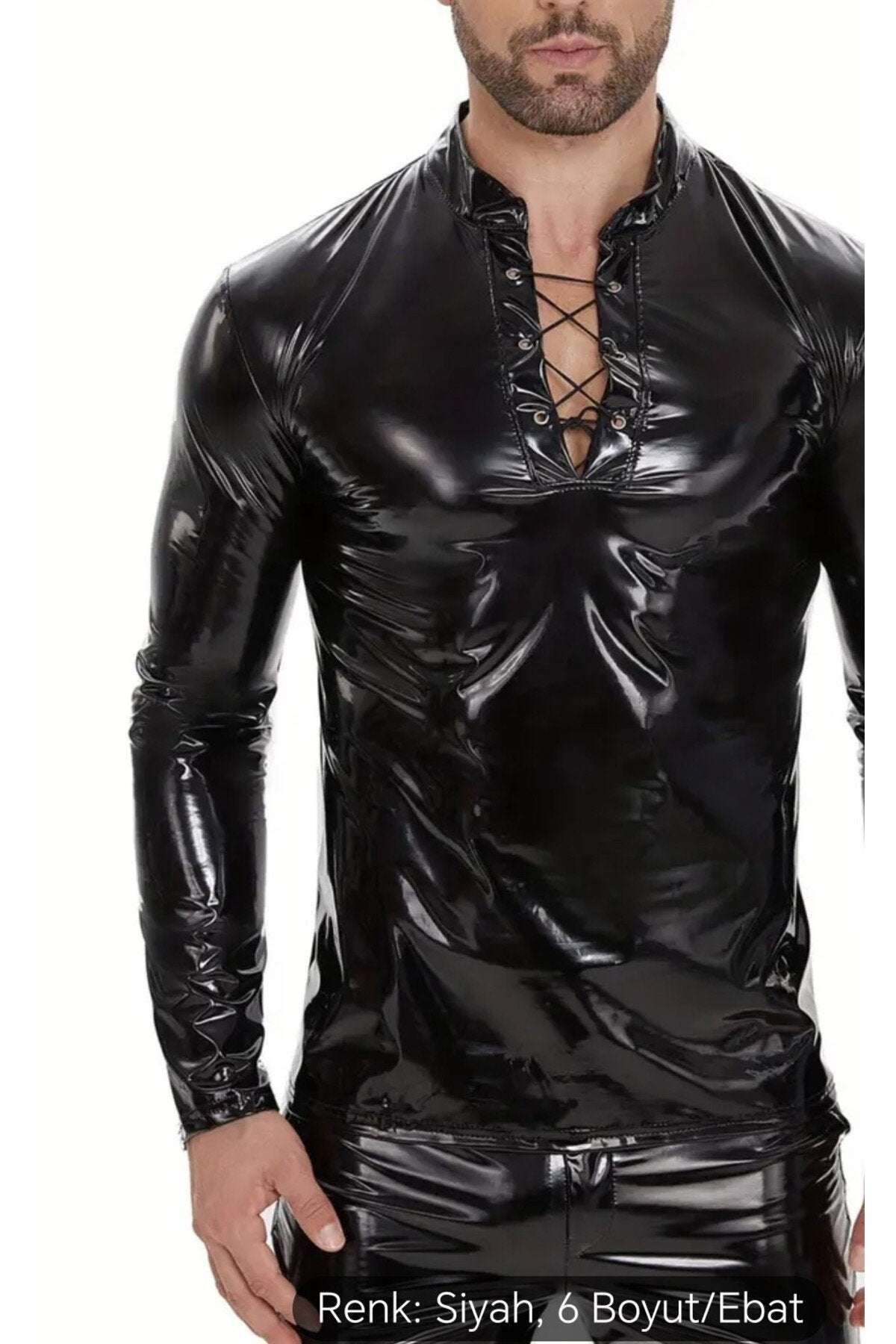 Parlak Rugan Deri Yakası İp Bağlamalı Tişört