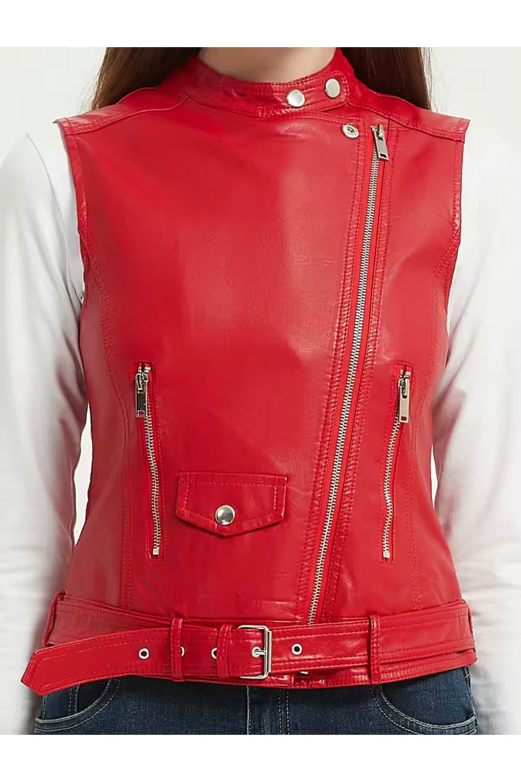 Hakiki kuzu derisi Kadın Motorcu Tarzı Biker Yelek