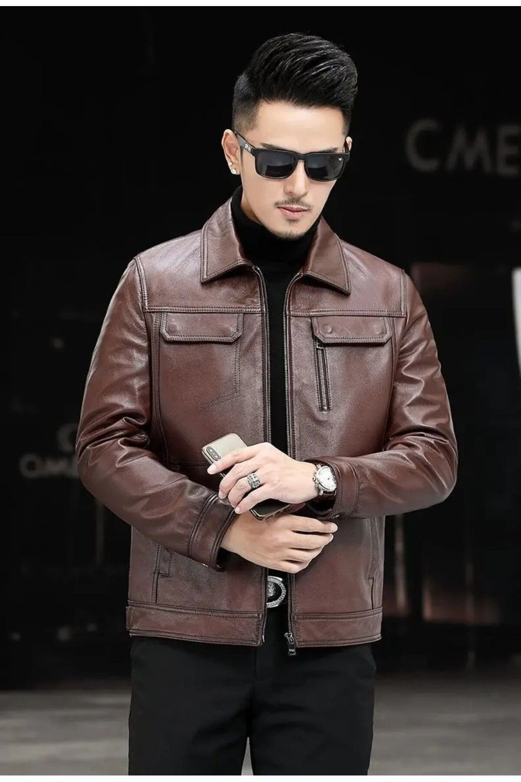 Hakiki deri ceket tarzı mont gömlek yaka