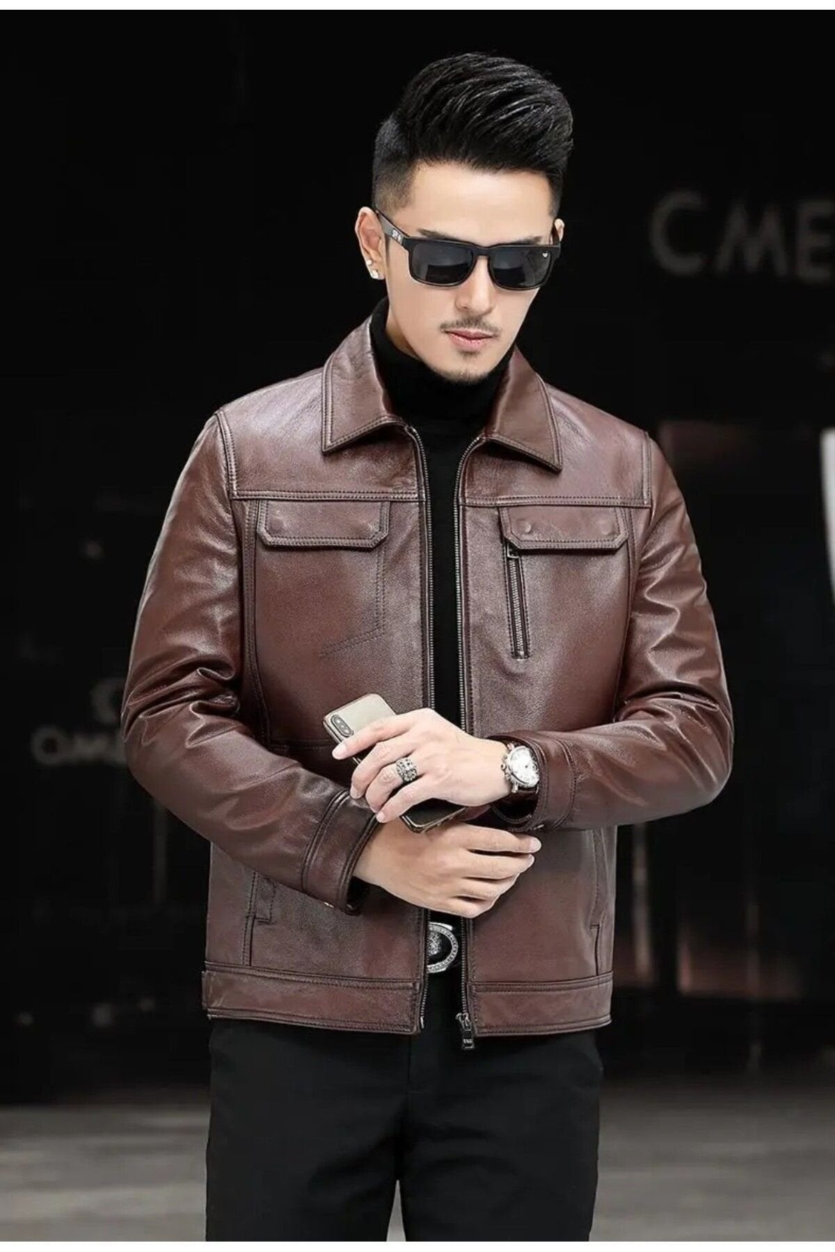 Hakiki deri ceket tarzı mont gömlek yaka