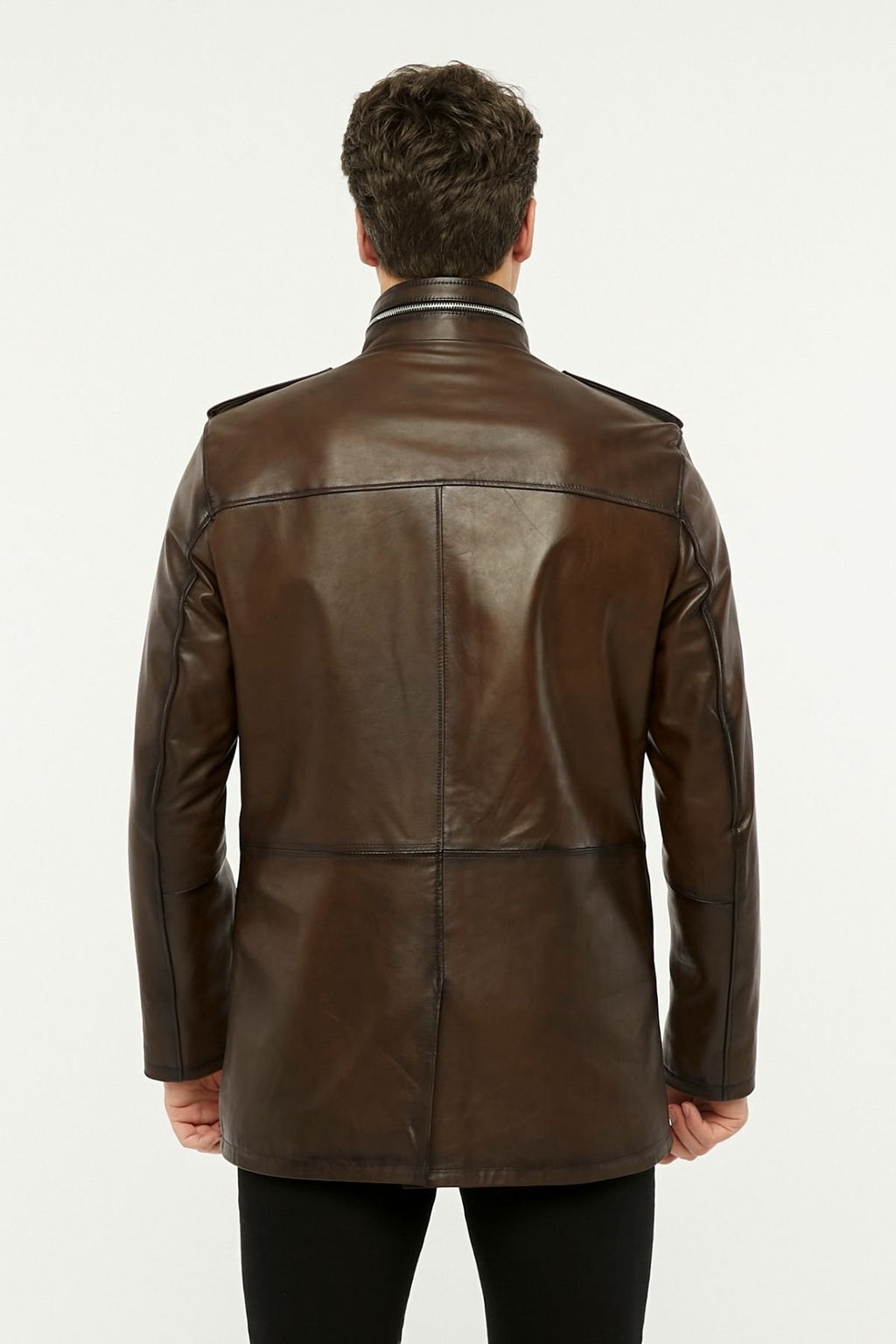 Hakiki deri uzun mont hakim dik yaka kahve renk