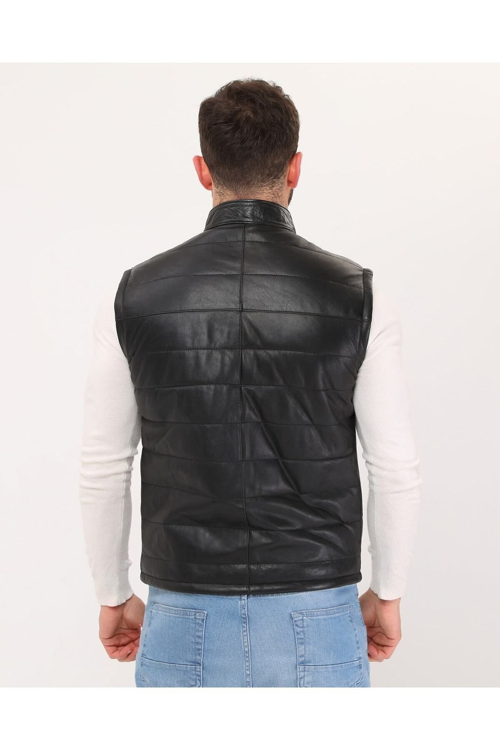 Hakiki Deri Şişme Yelek Hakim Yaka Siyah Renk