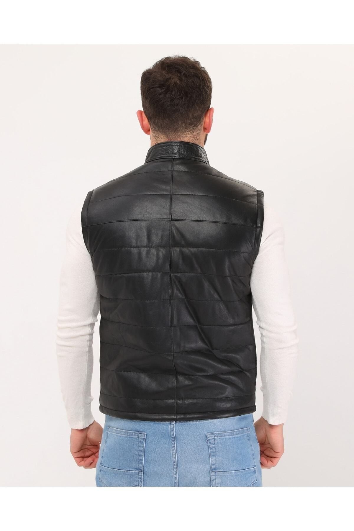Hakiki Deri Şişme Yelek Hakim Yaka Siyah Renk