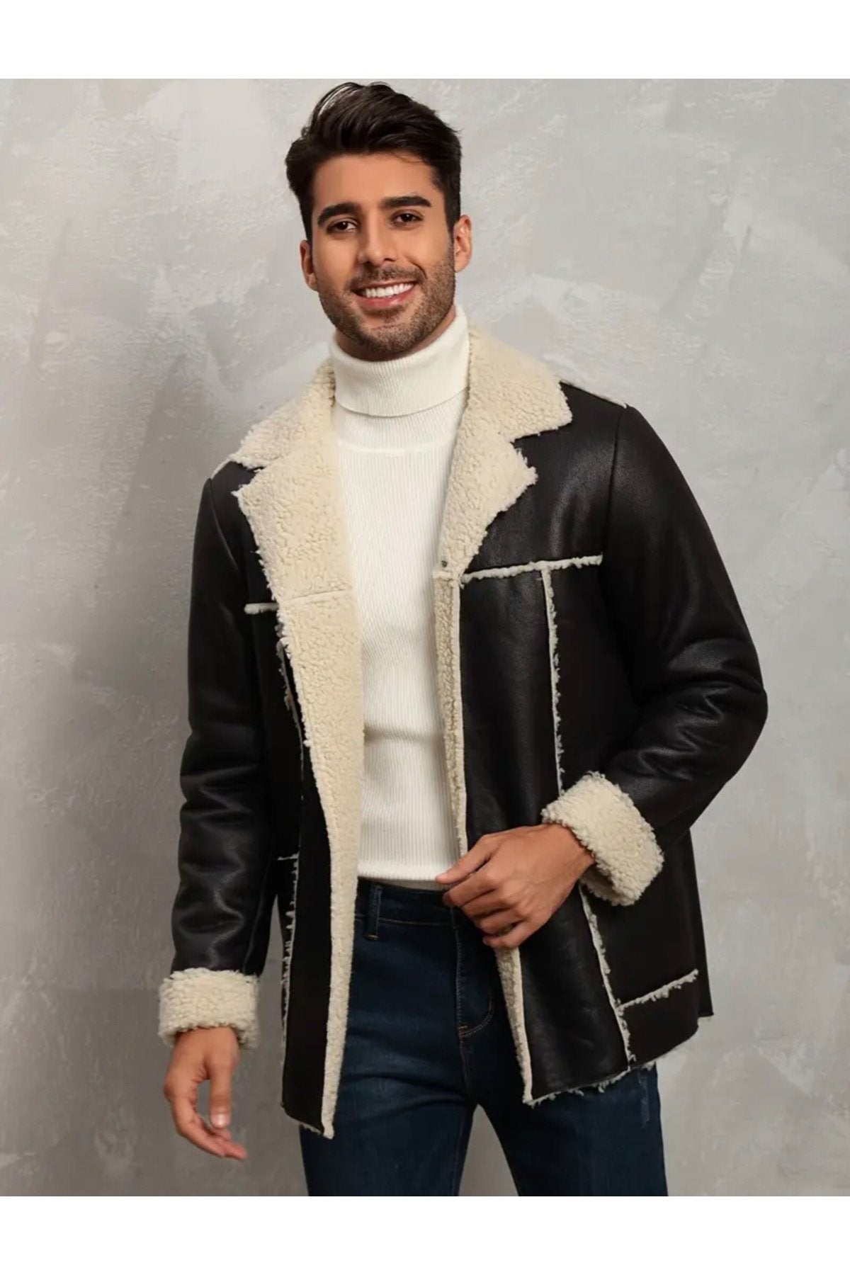 Dış Dikiş Yerleri ve İçi Kürklü Hakiki Deri Uzun Kaban Kışlık Erkek