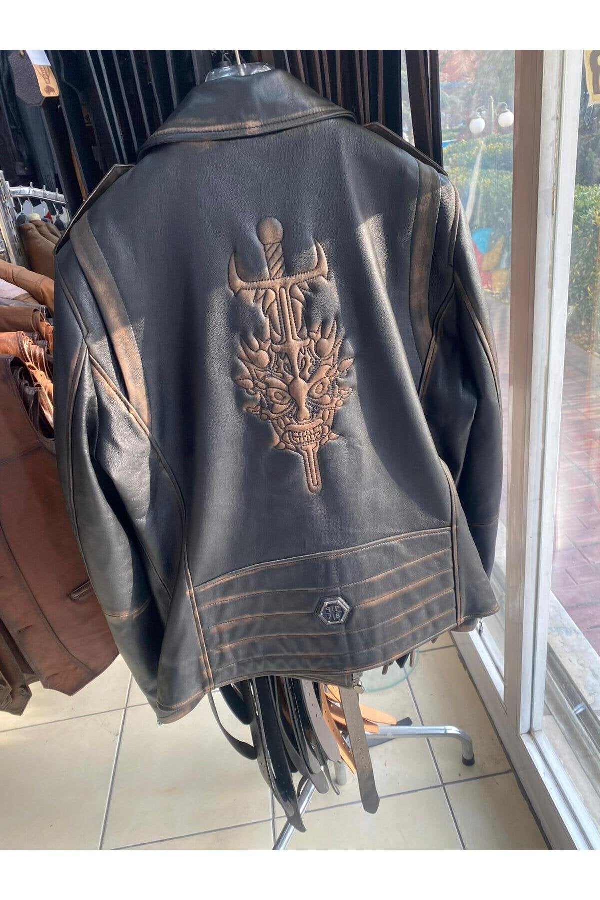 Vintage Tarz Hakiki Deri Motosiklet Montlar, Koyun Derisi, Eskitme Tasarım, Orta Kalınlık