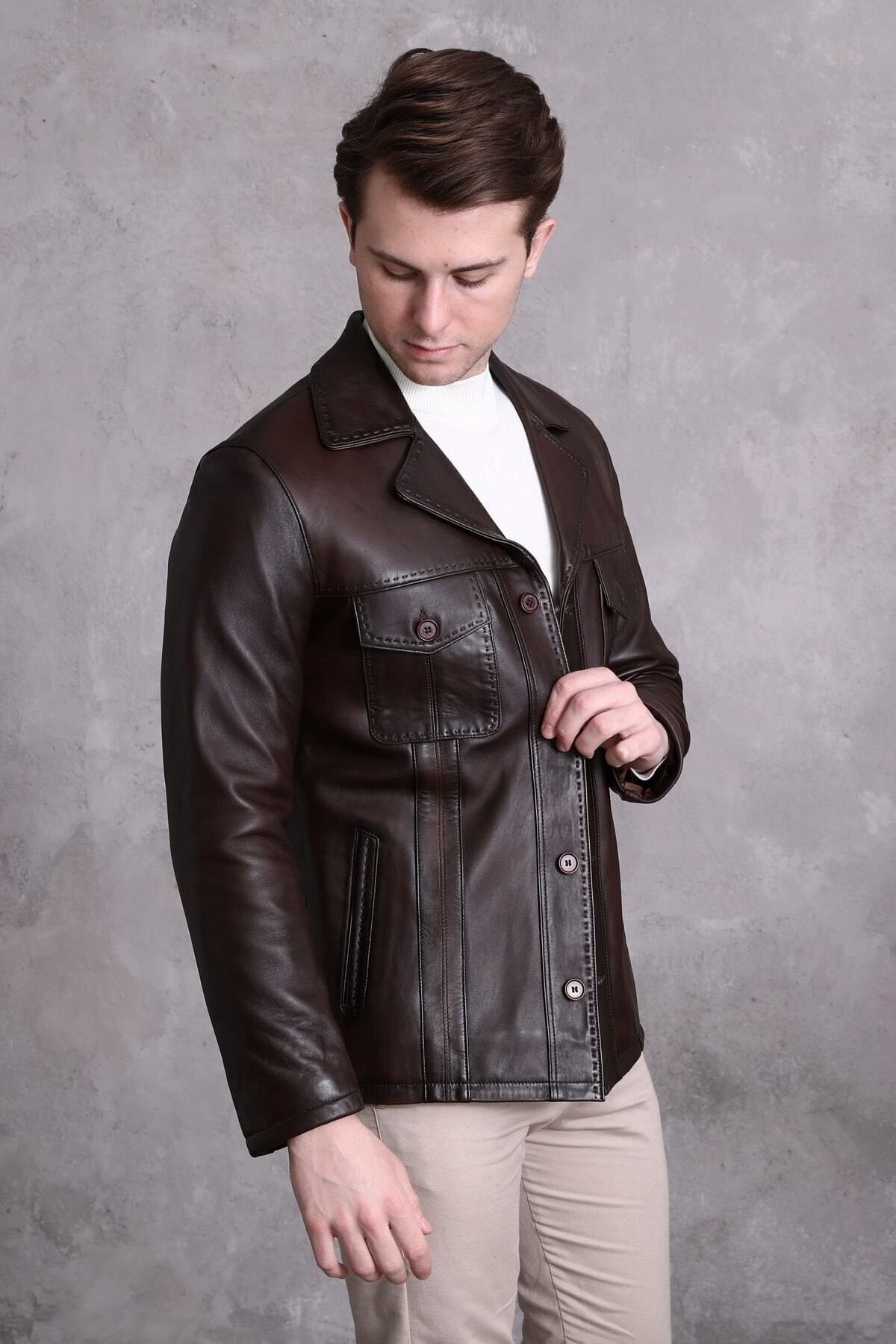 Hakiki Deri Ceket Karartmalı Koyu Kahve