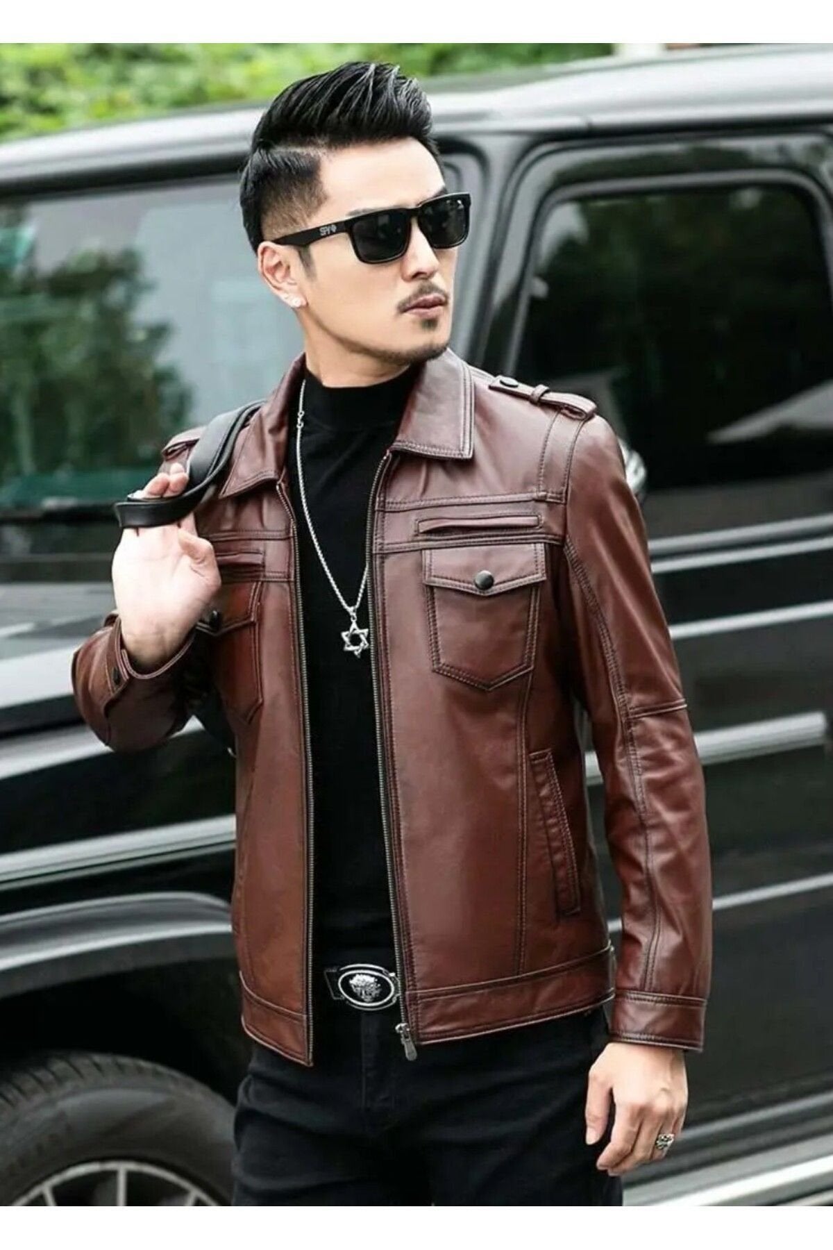 Hakiki deri ceket tarzı mont apoletli