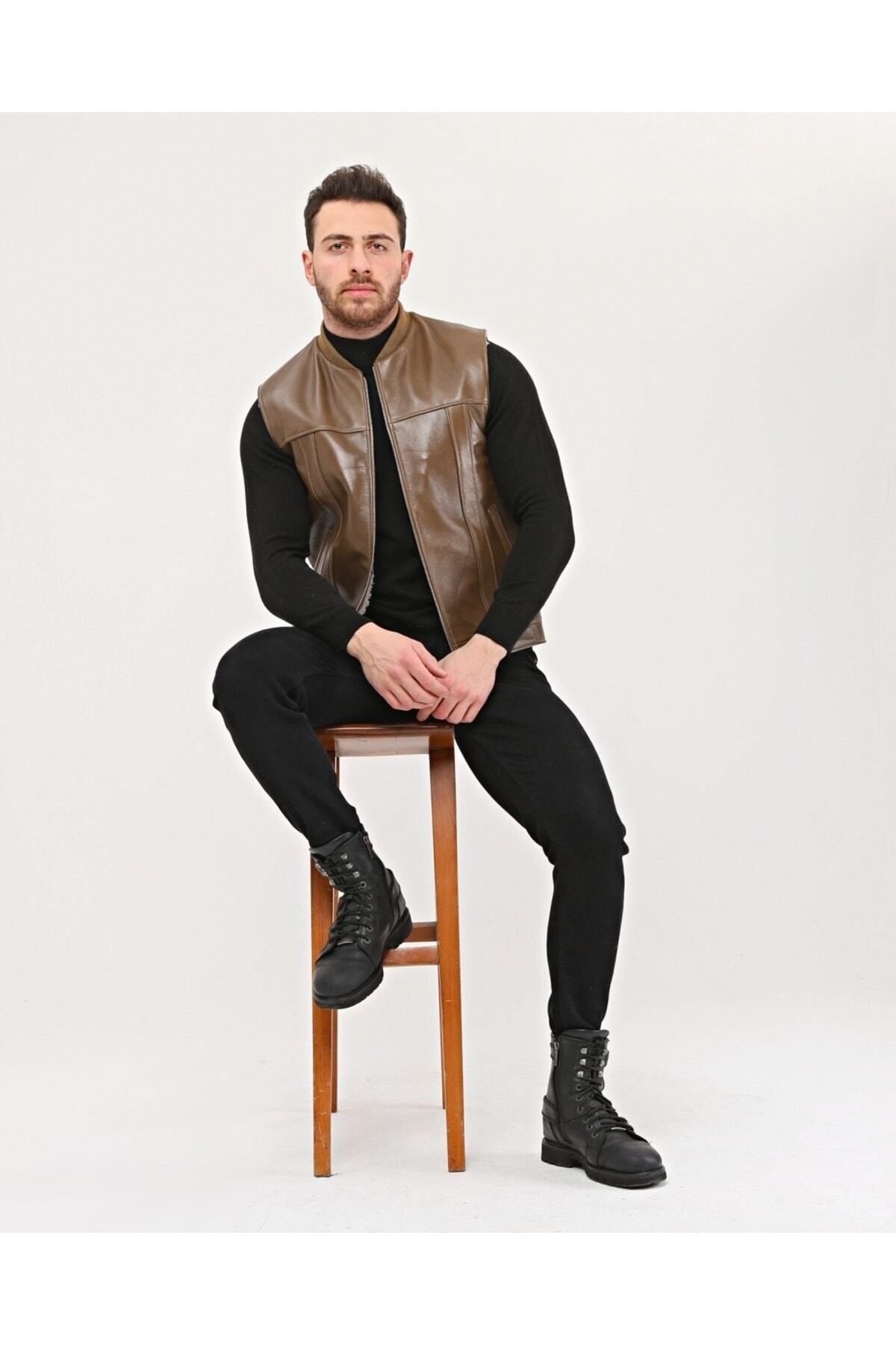 Hakiki Deri Bisiklet Yaka Içi Kürklü Yelek Kahve Renk