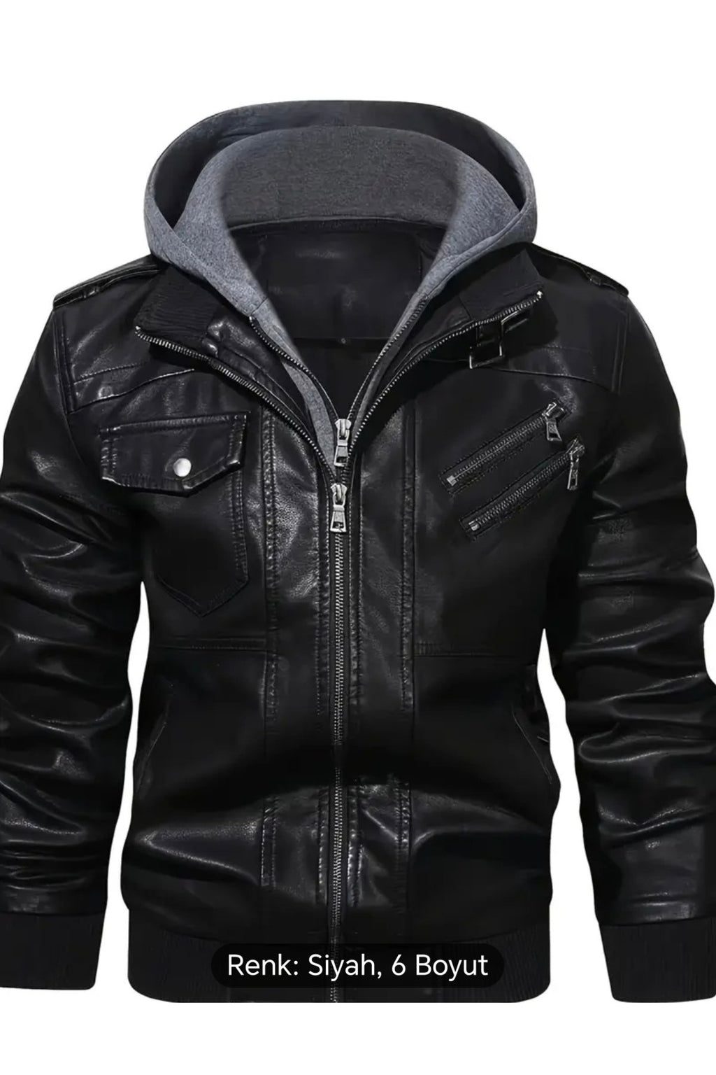 Kapüşonlu hakiki deri apolet ve fermuar detaylı mont