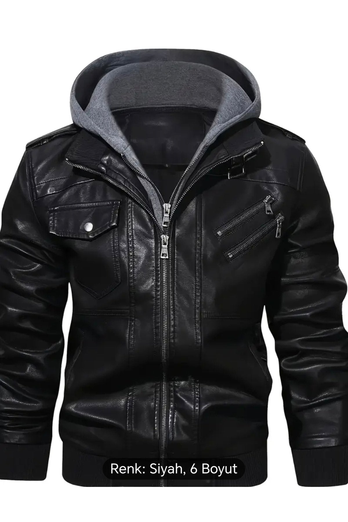 Kapüşonlu hakiki deri apolet ve fermuar detaylı mont