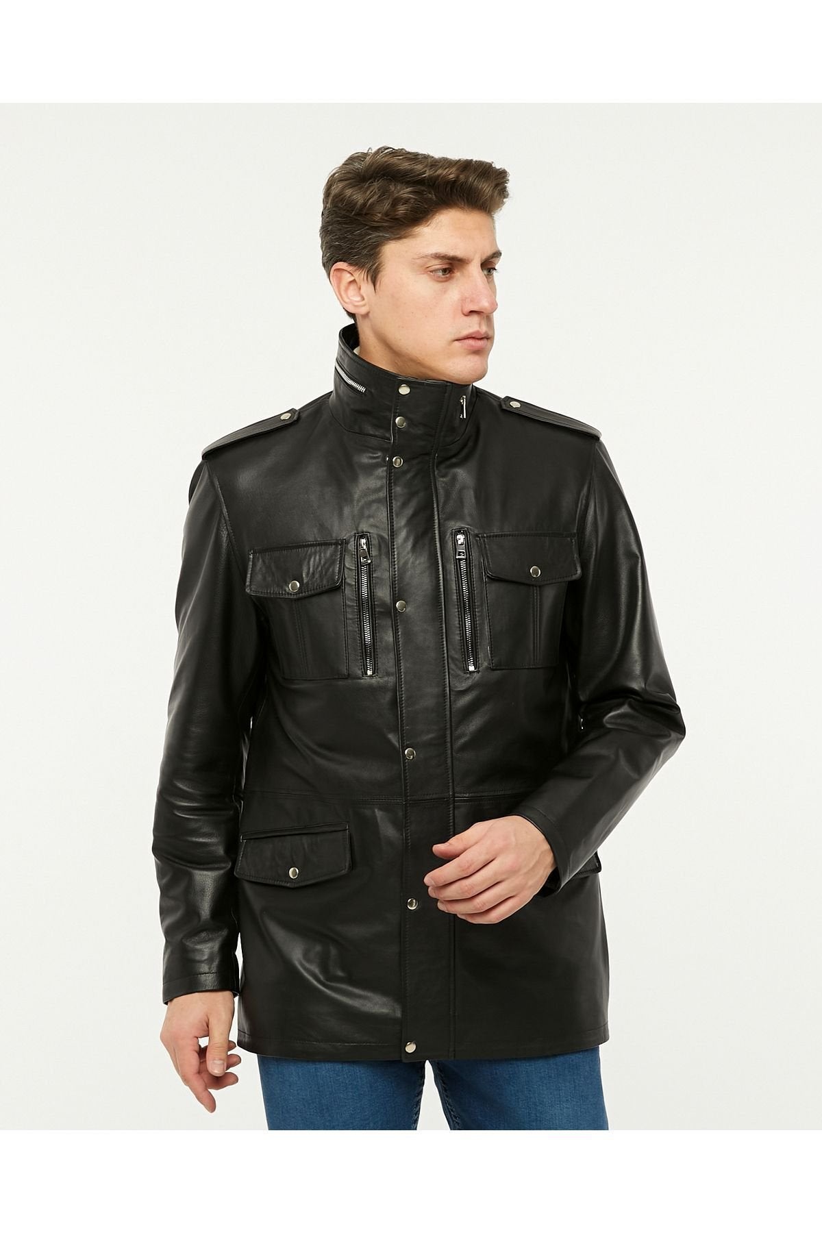 Hakiki deri uzun mont hakim dik yaka siyah renk