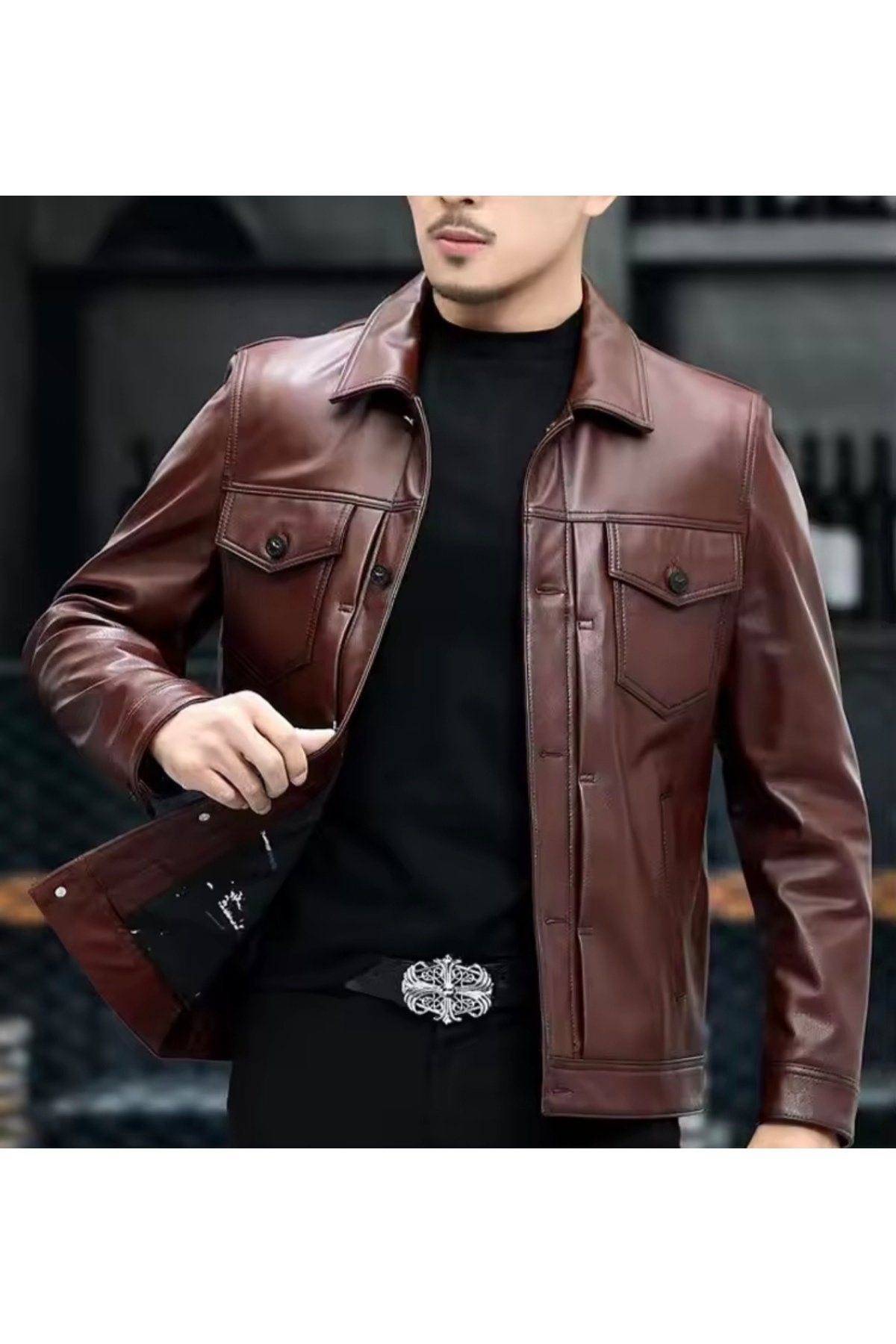 Mevsimlik Ceket Spor Hakiki Deri düğme,gömlek yaka ve dikiş detaylı