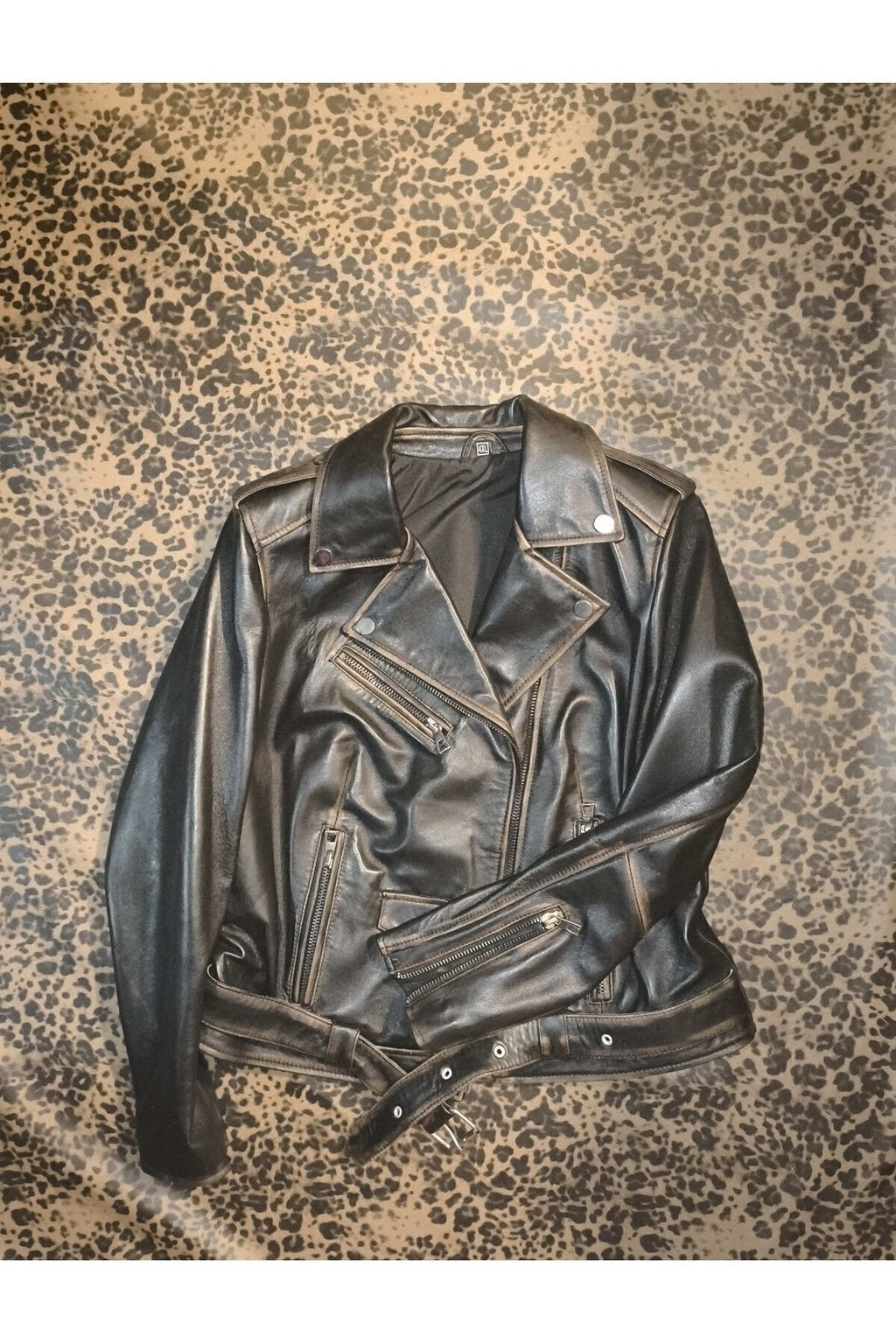 Hakiki deri Kadın ceket slim-fit biker model motorcu tarzı eskitme