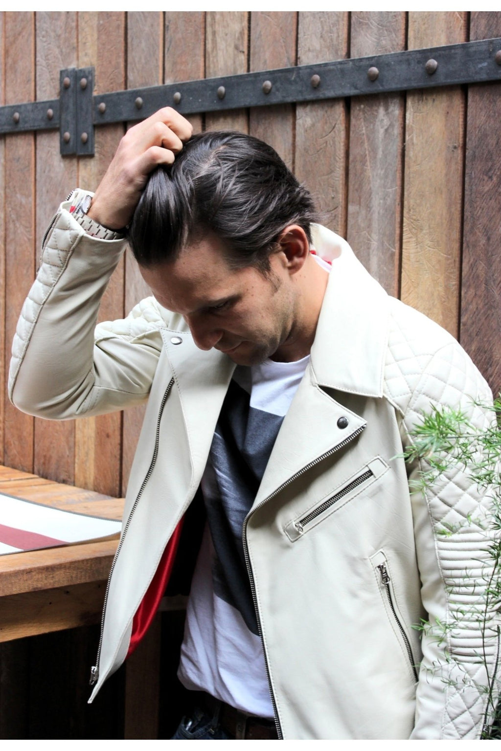 Fil dişi renk Hakiki koyun derisi biker mont