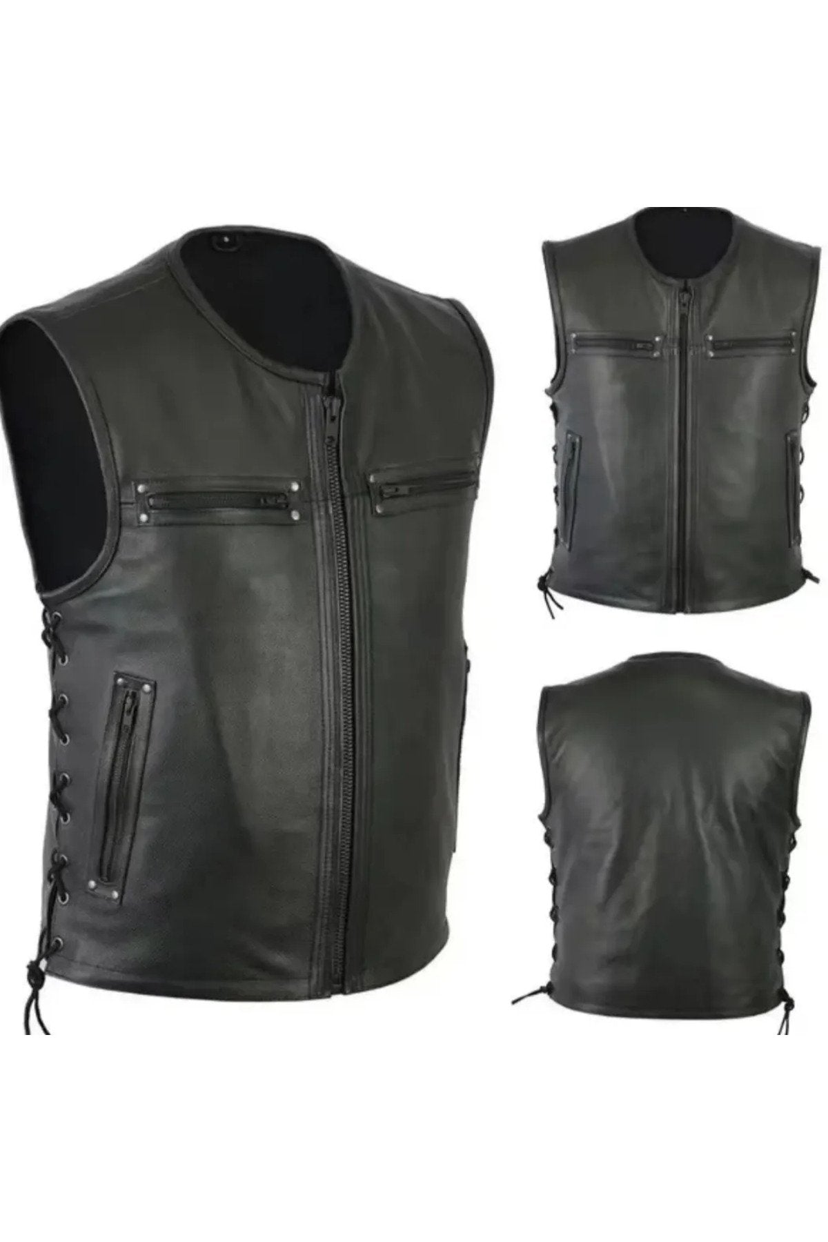 Cooper hakiki deri yelek yandan bağcıklı fermuar kapamalı