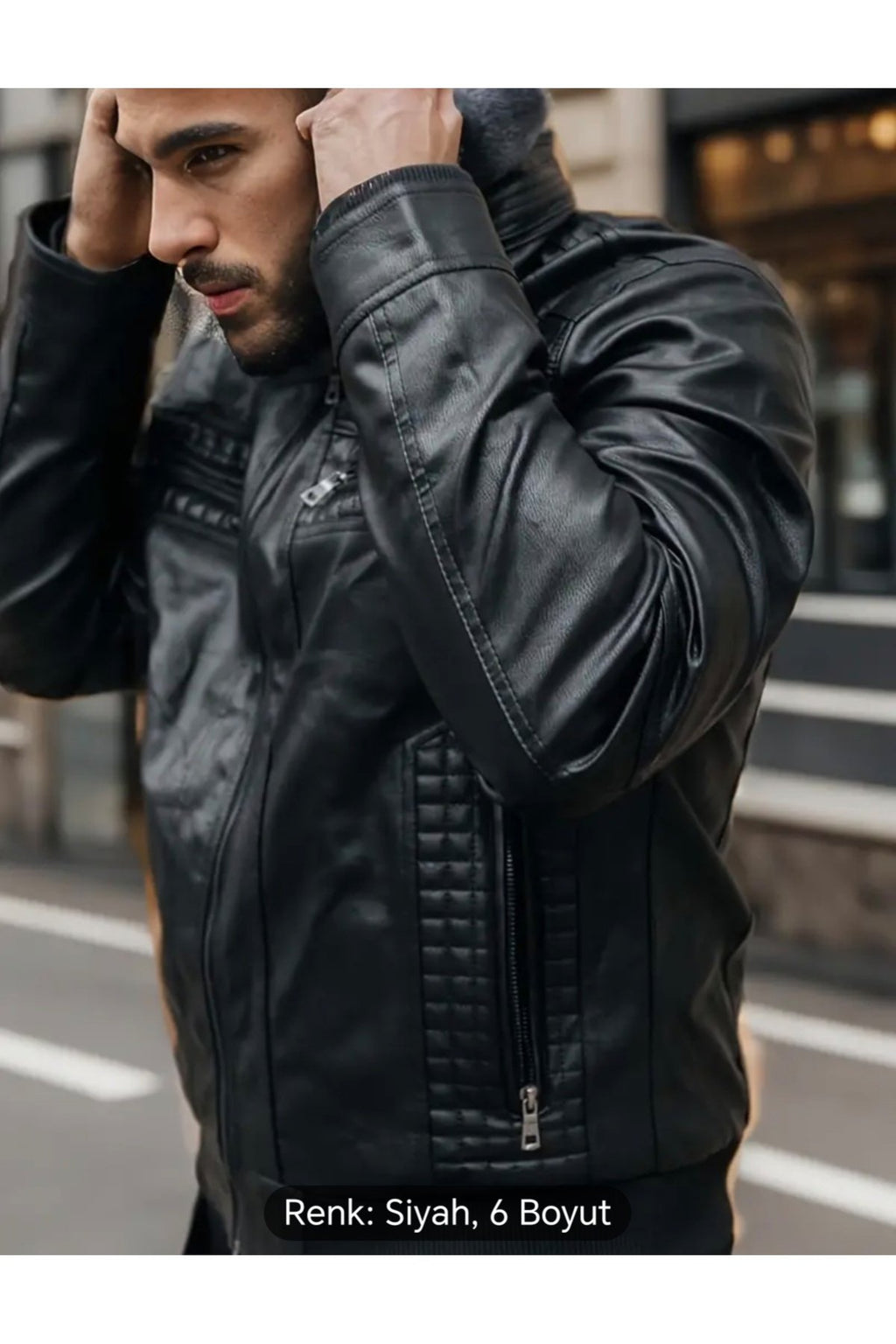 Kapüşonlu hakiki deri dikiş ve ribana detaylı mont