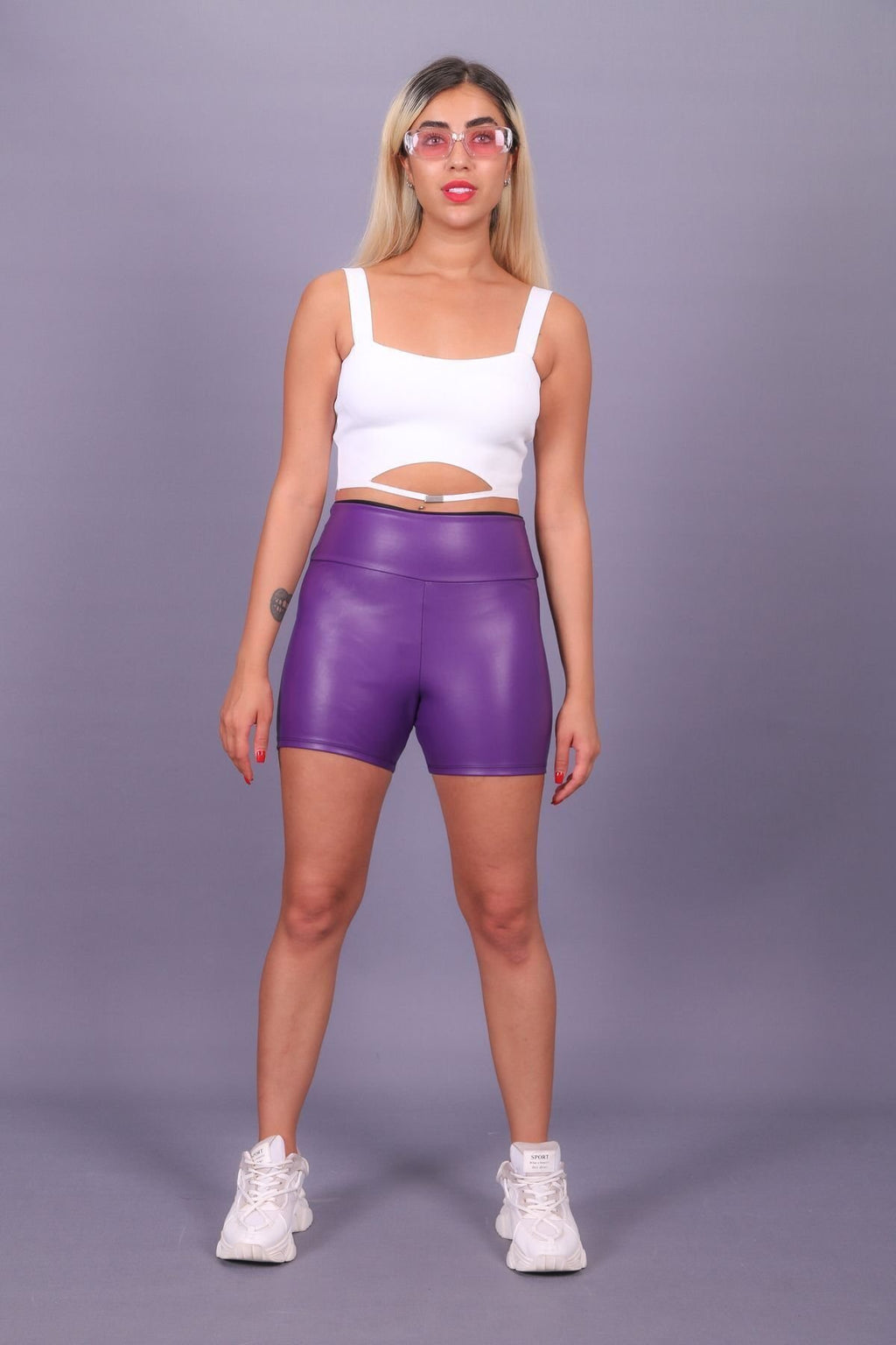 Deri spor şort yüksel bel