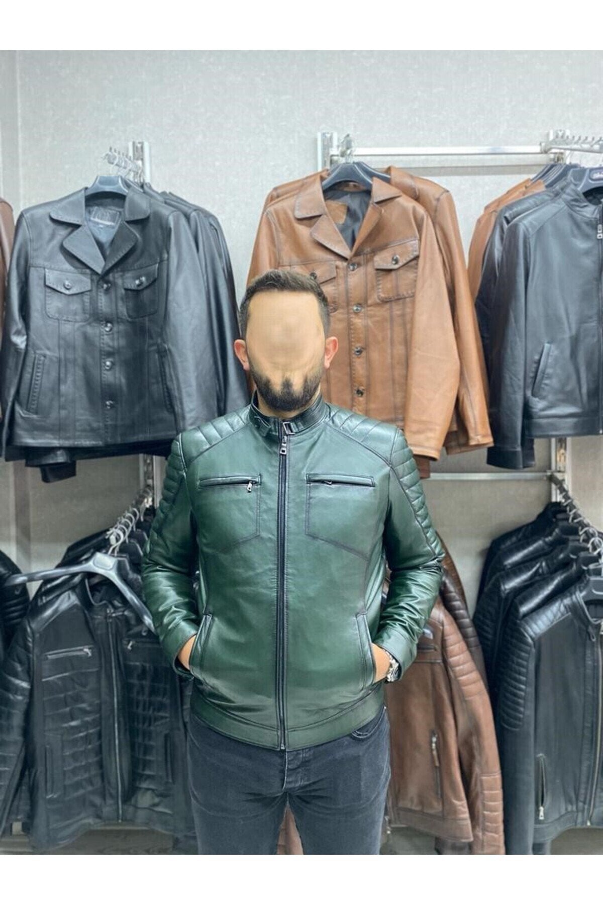 Yeşil Karartmalı Hakiki Deri Spor Mont Ceket Slim Fit