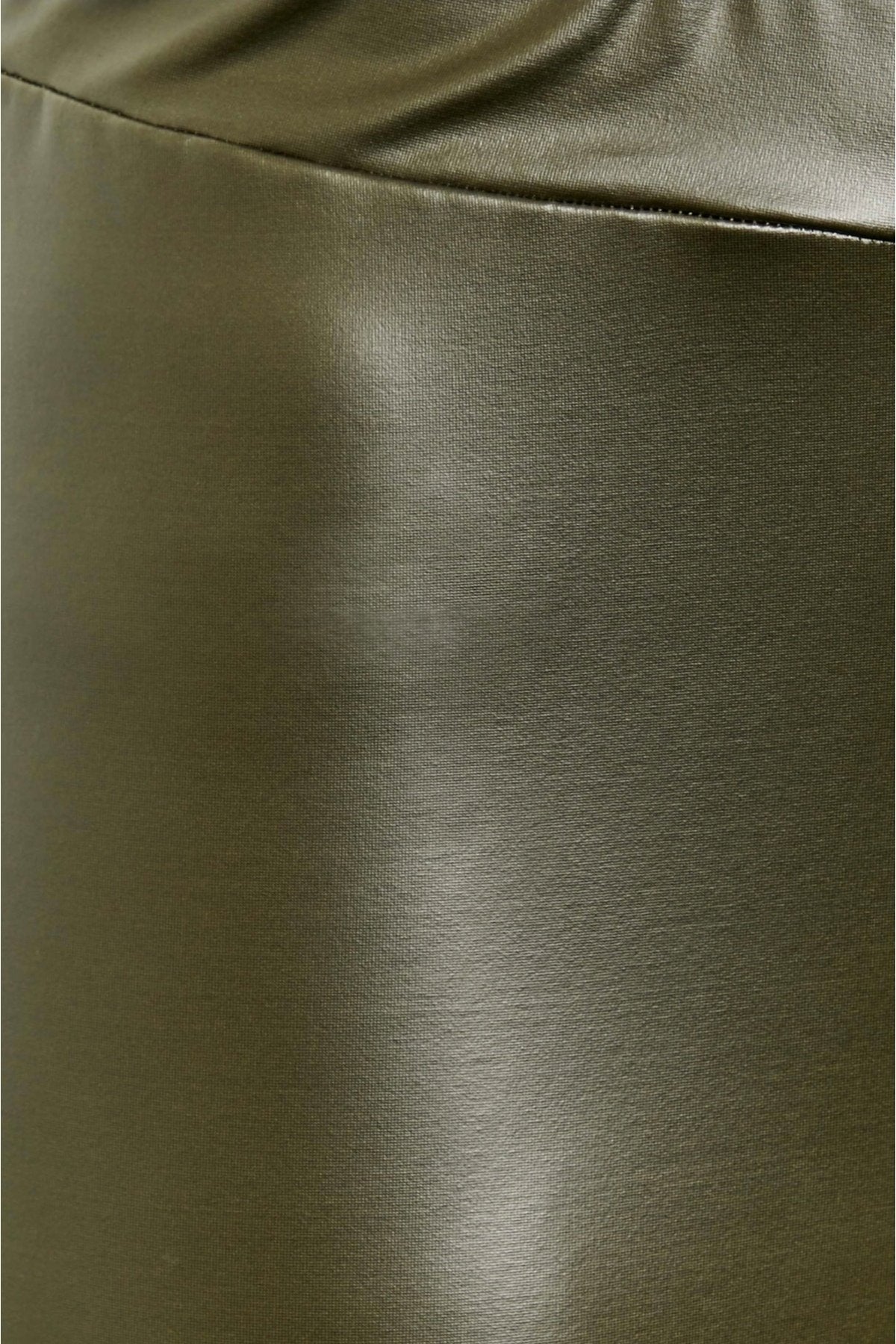 Haki Renk Suni Deri Tayt Yüksek Lastik Bel Dar Paça Esnek