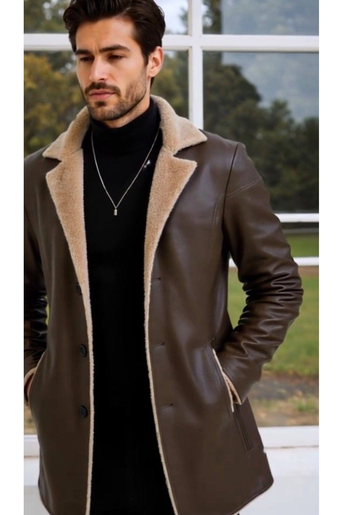 İçi ve Yaka Kenarları Tüylü Uzun Hakiki Deri Kaban