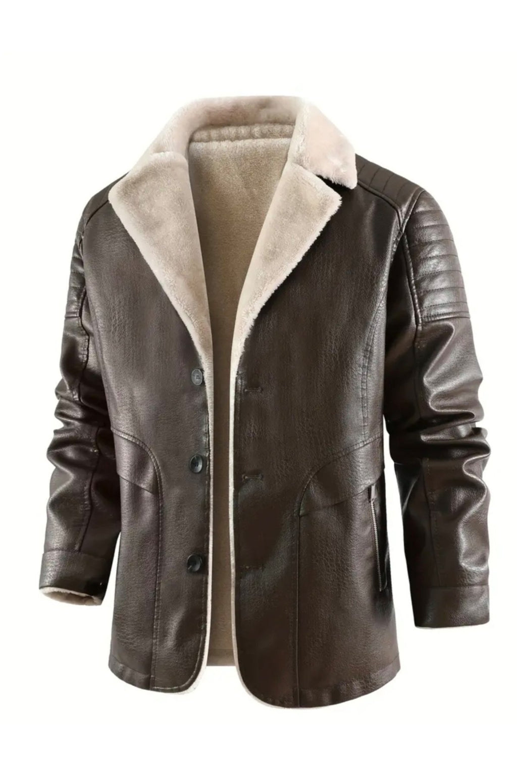 Omuzları Dikiş Detaylı Hakiki Deri, Kürklü ,Uzun Kaban