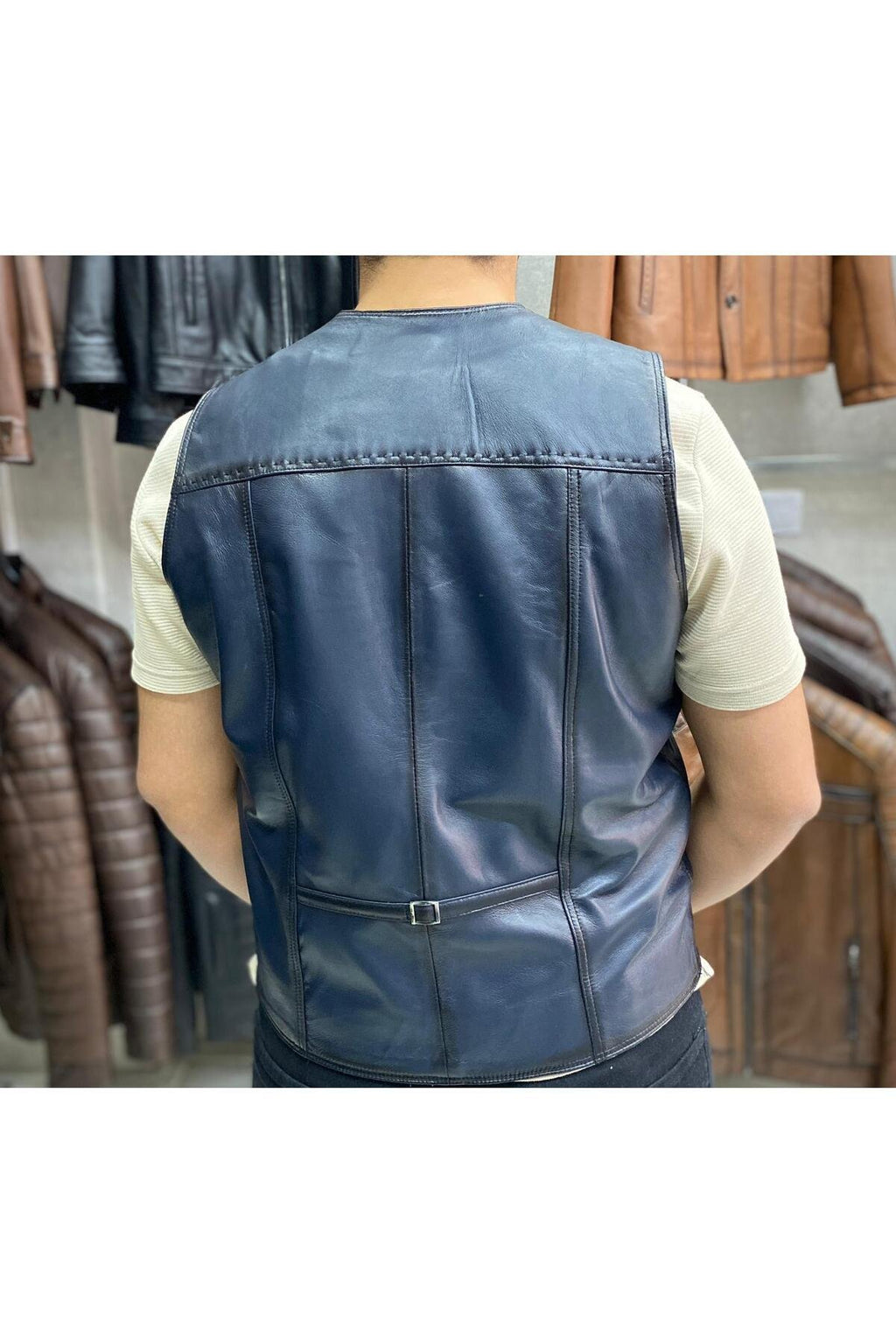Hakiki Deri Lacivert Renk Yelek Slim Fit Kesim