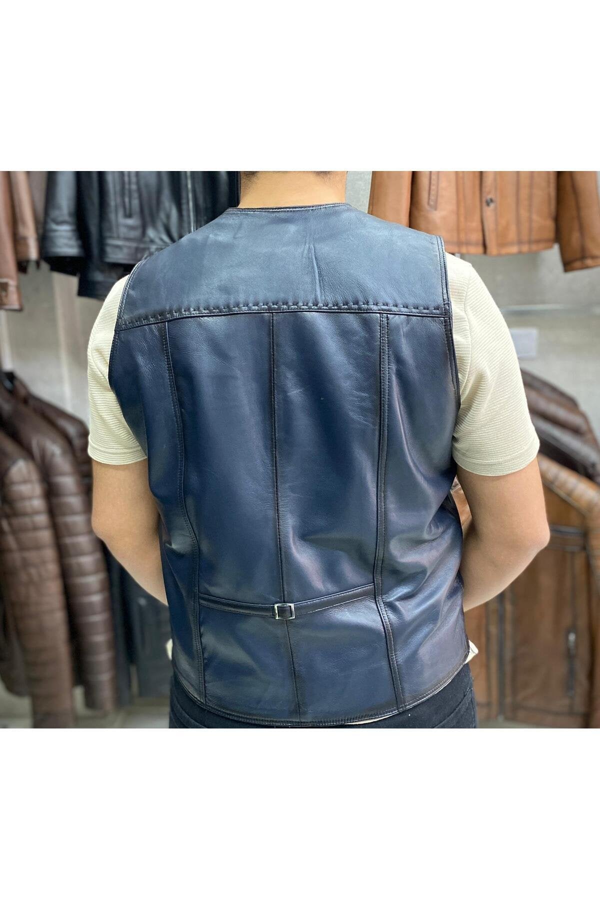 Hakiki Deri Lacivert Renk Yelek Slim Fit Kesim