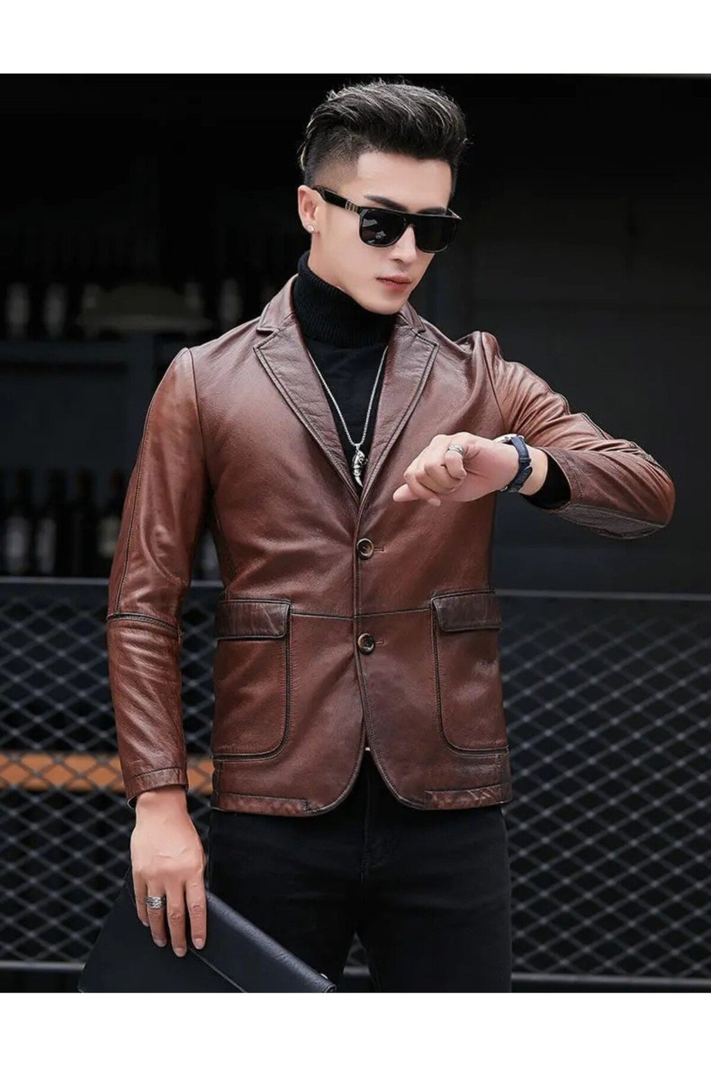 Deri ceket kapaklı torba cepli karartmalı kahve renk