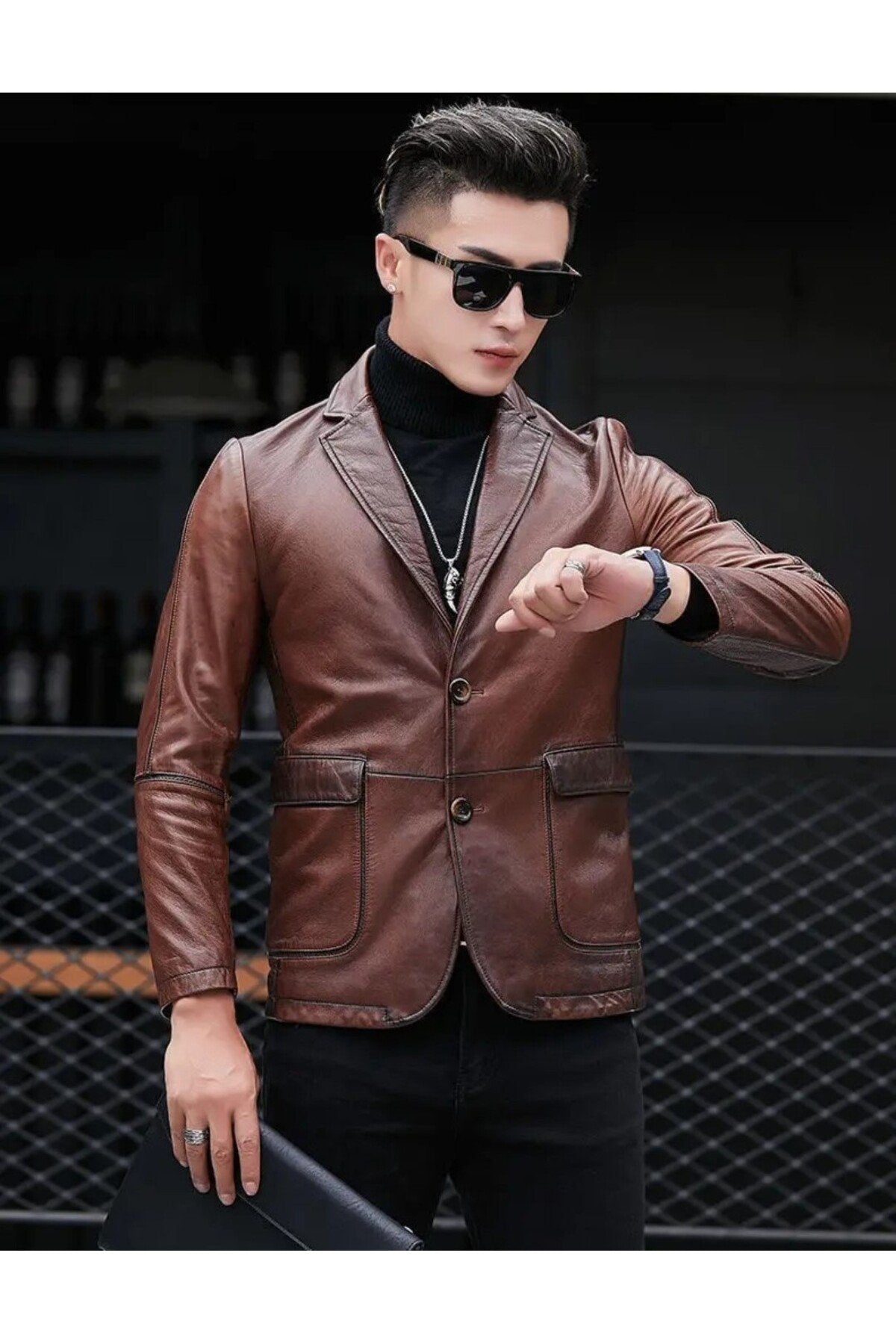 Deri ceket kapaklı torba cepli karartmalı kahve renk