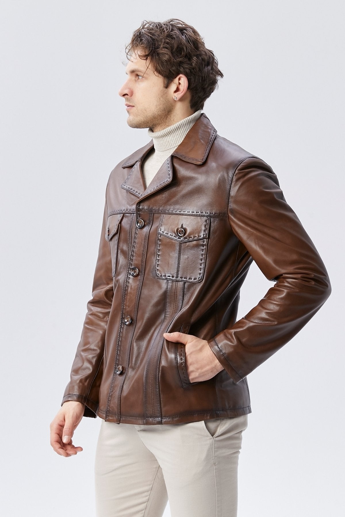 Hakiki Deri Ceket Karartmalı Taba Renk