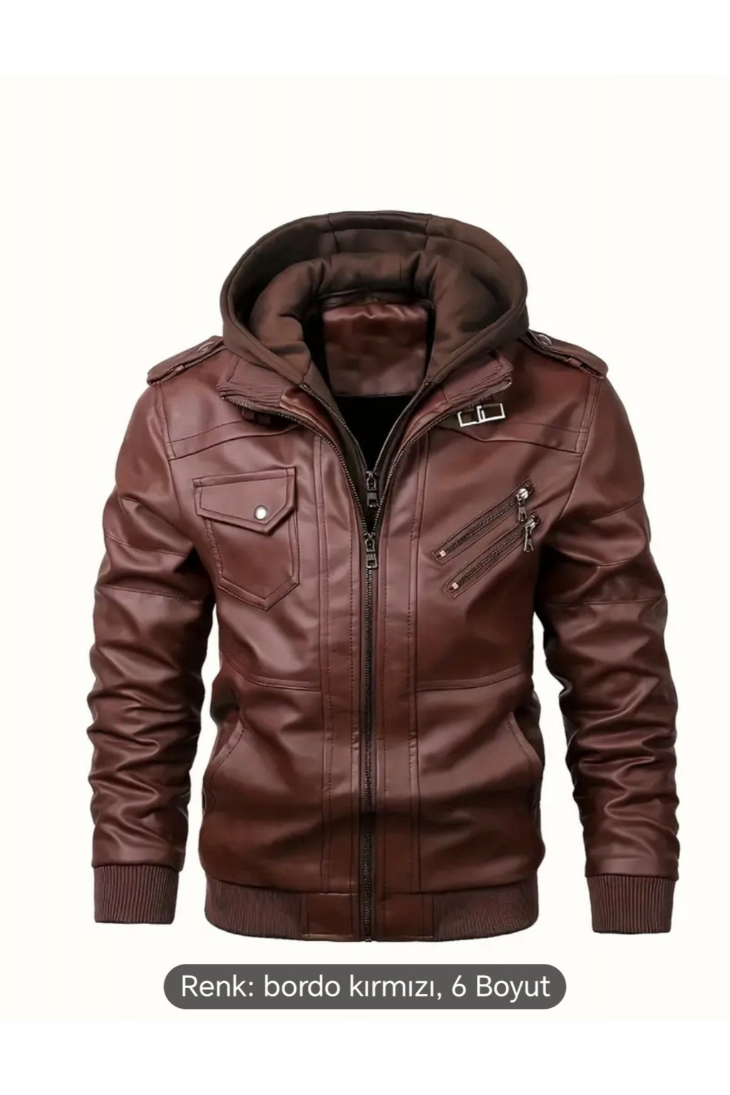 Kapüşonlu hakiki deri apolet ve fermuar detaylı mont