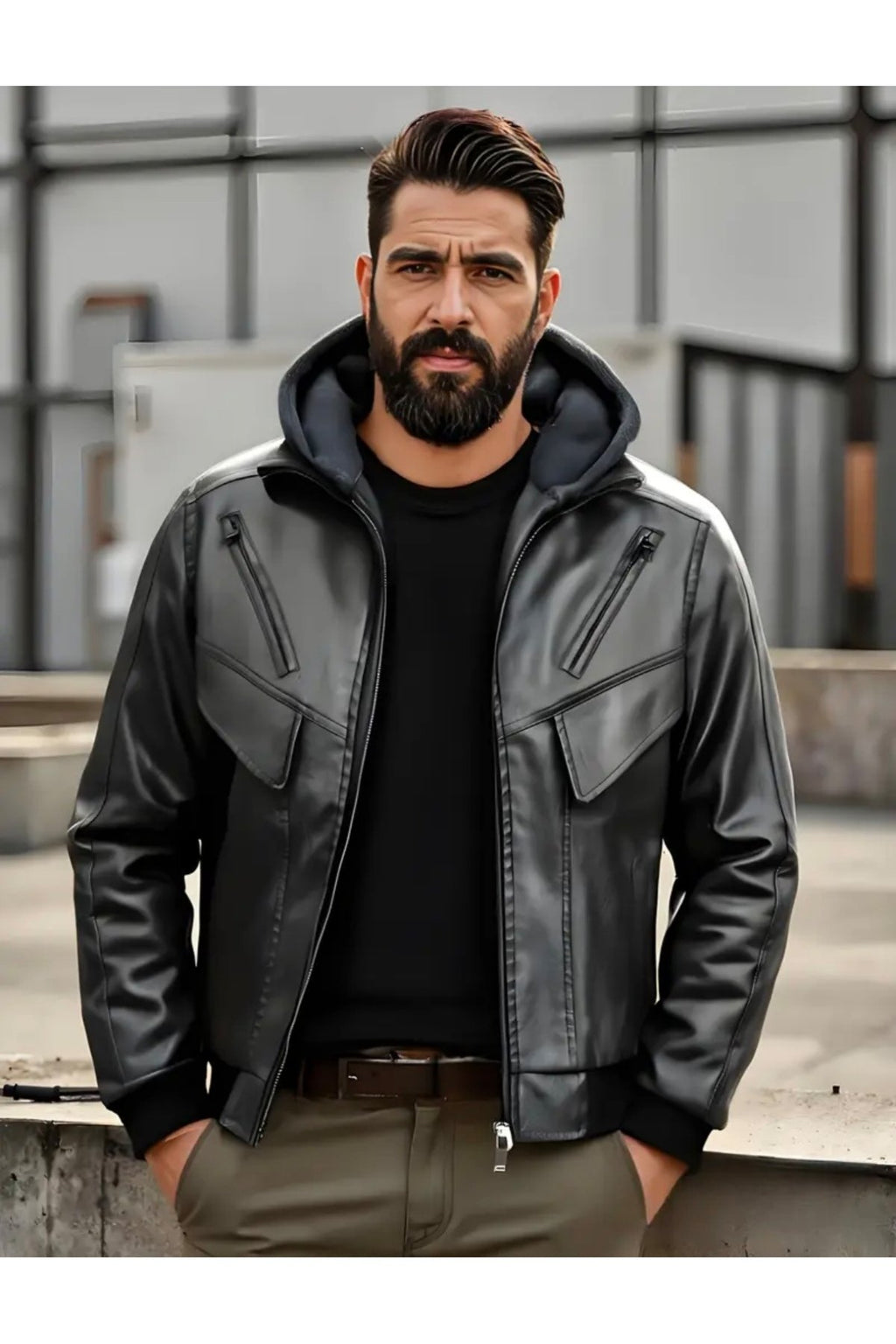 Kapüşonlu Hakiki Deri Kapak Süslü Mont Mat Veya Parlak Seçenekli