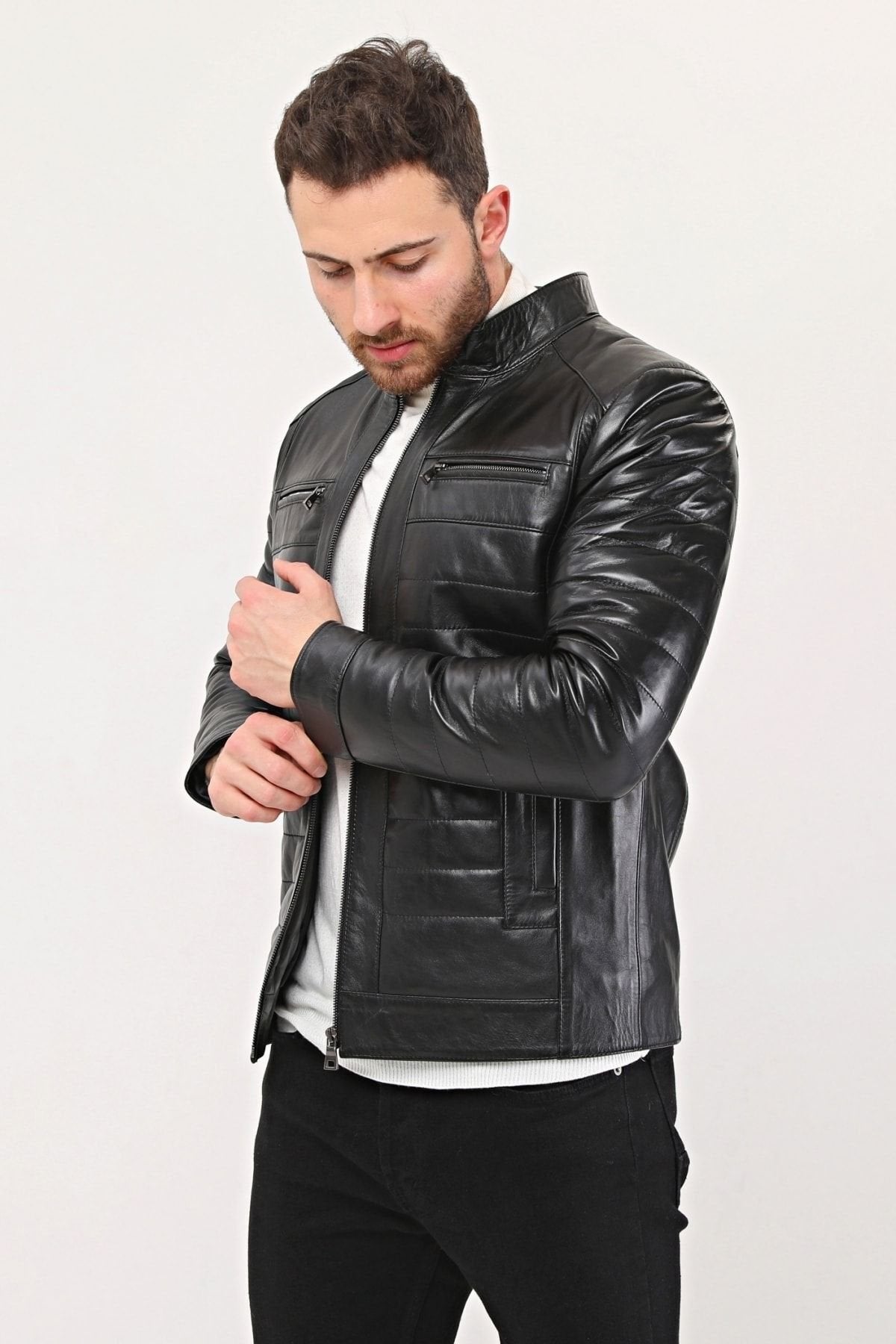 Hakiki Deri Şişme Tarzı Mont Siyah Renk