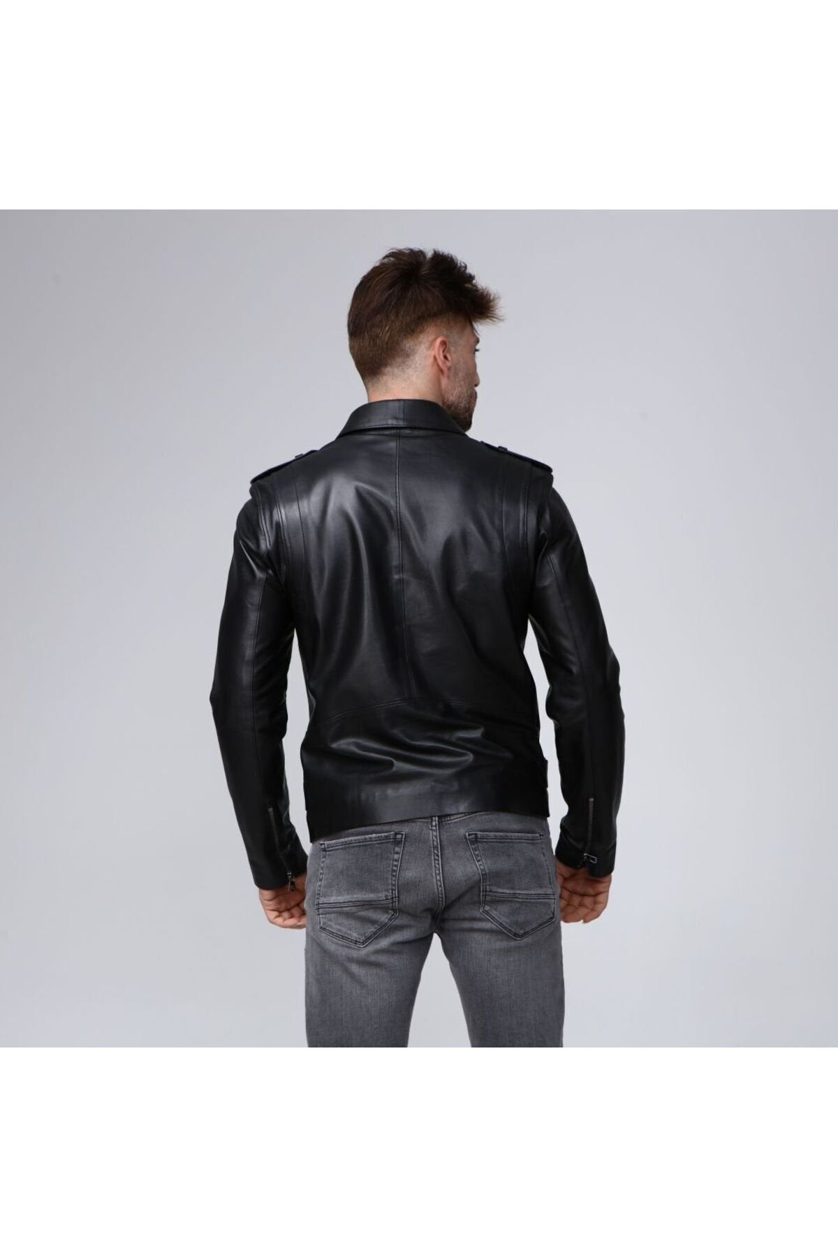 Motorcu tarzı Hakiki deri biker mont siyah renk