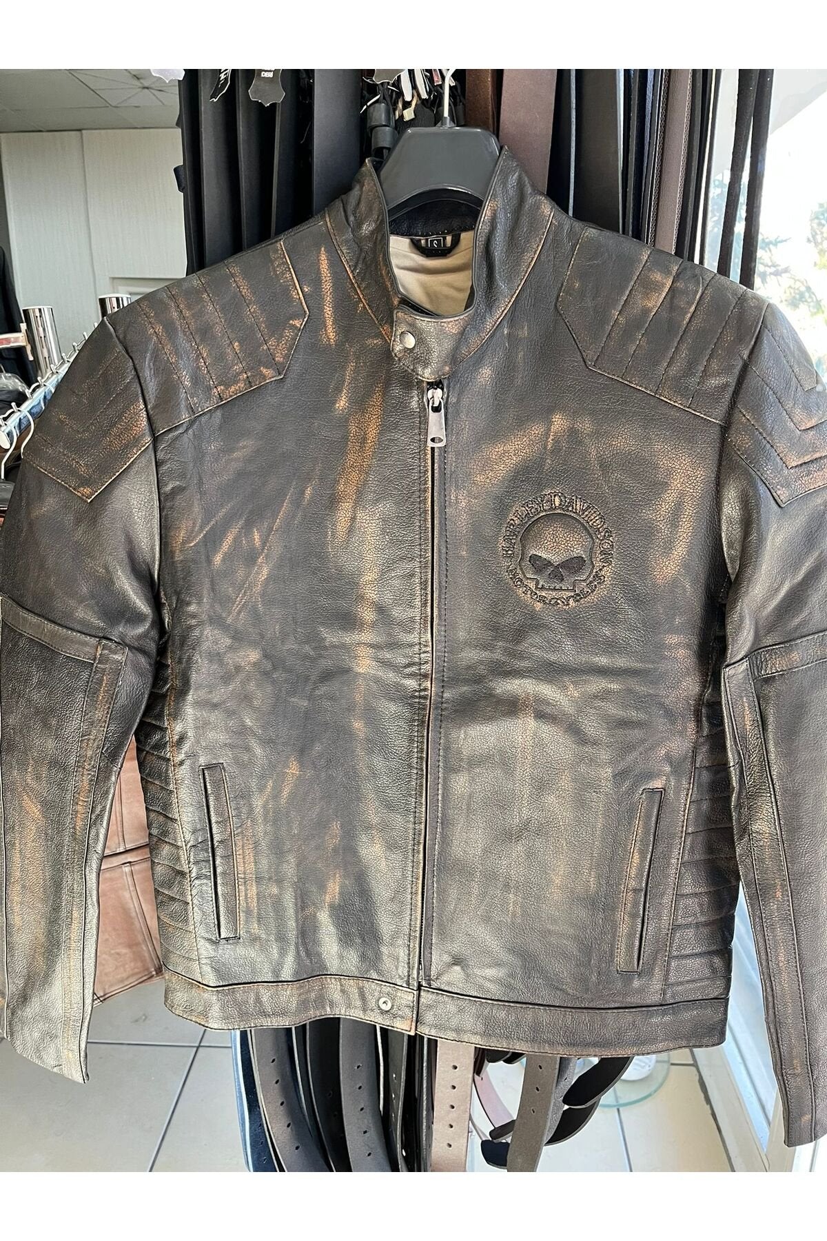 Vintage Tarz Hakiki Deri Motosiklet Montlar, Koyun Derisi, Eskitme Tasarım, Orta Kalınlık