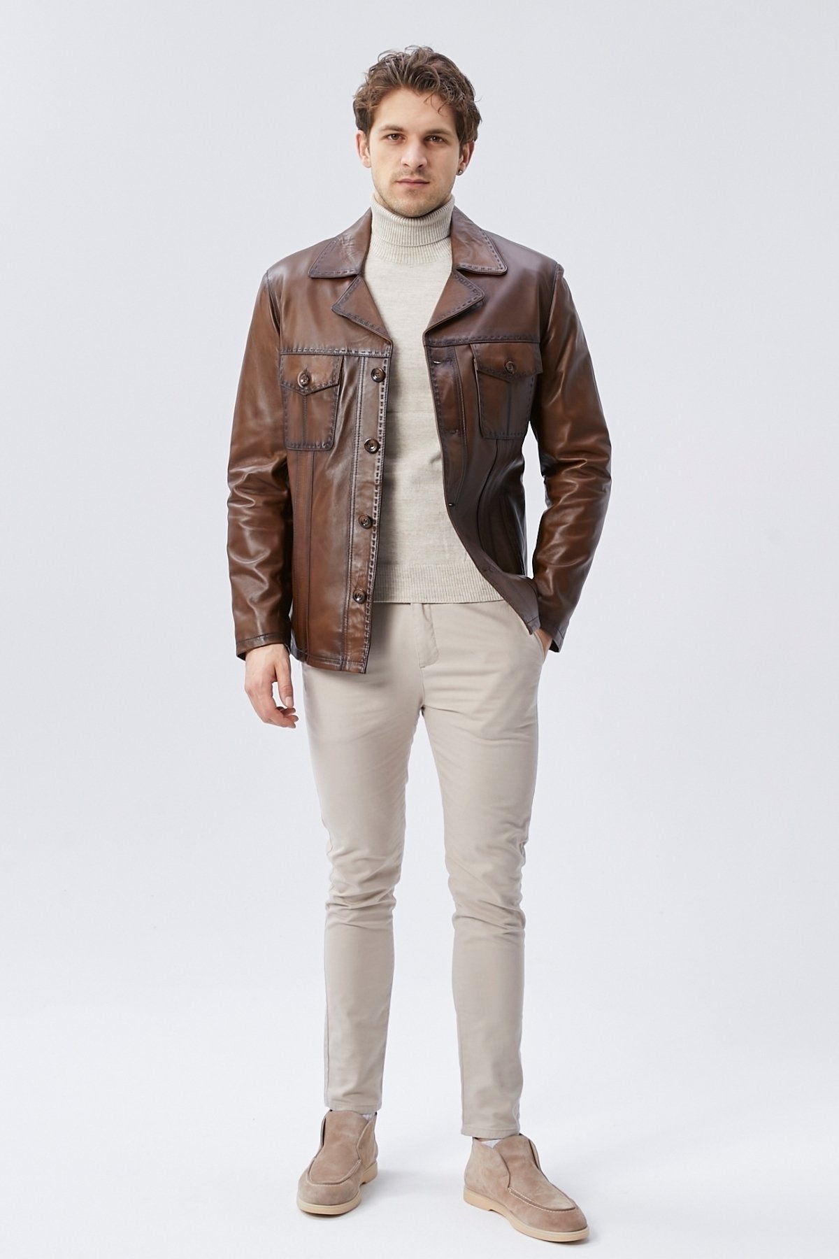 Hakiki Deri Ceket Karartmalı Taba Renk