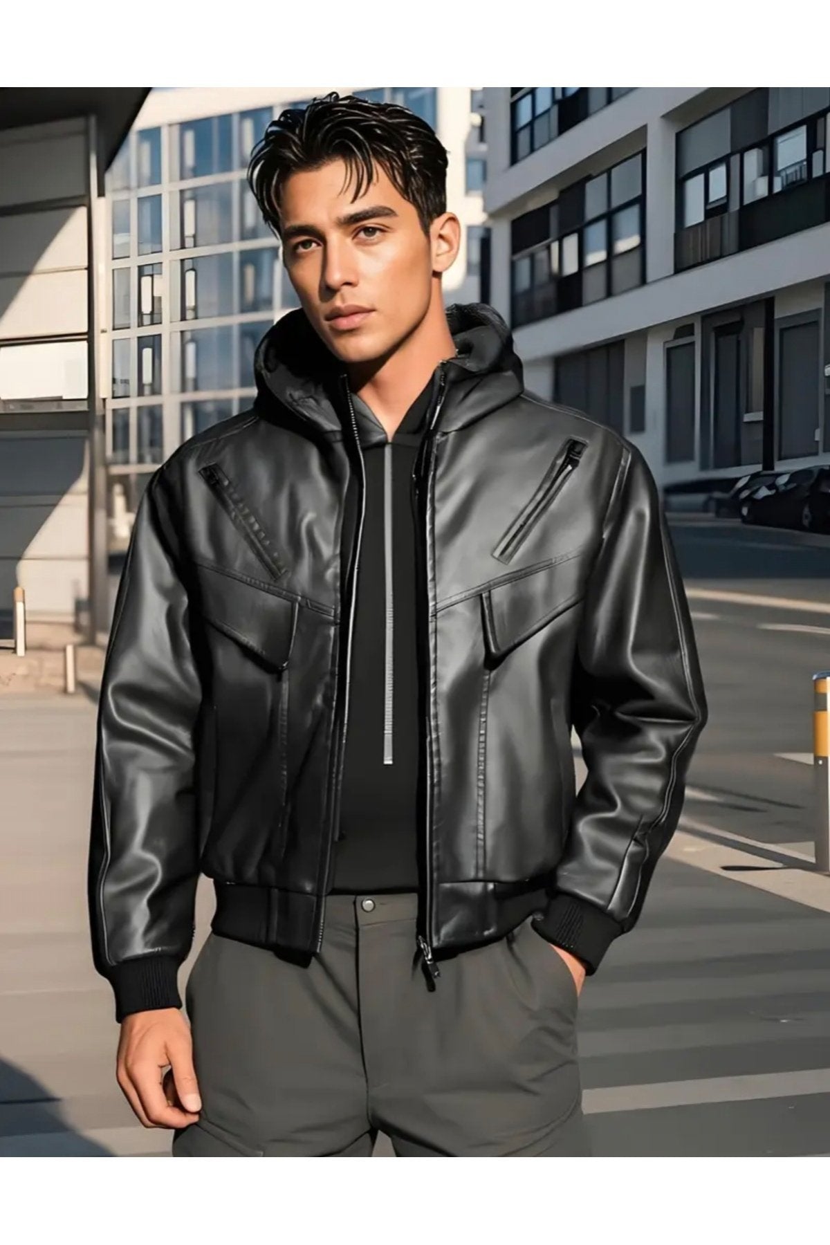 Kapüşonlu Hakiki Deri Kapak Süslü Mont Mat Veya Parlak Seçenekli