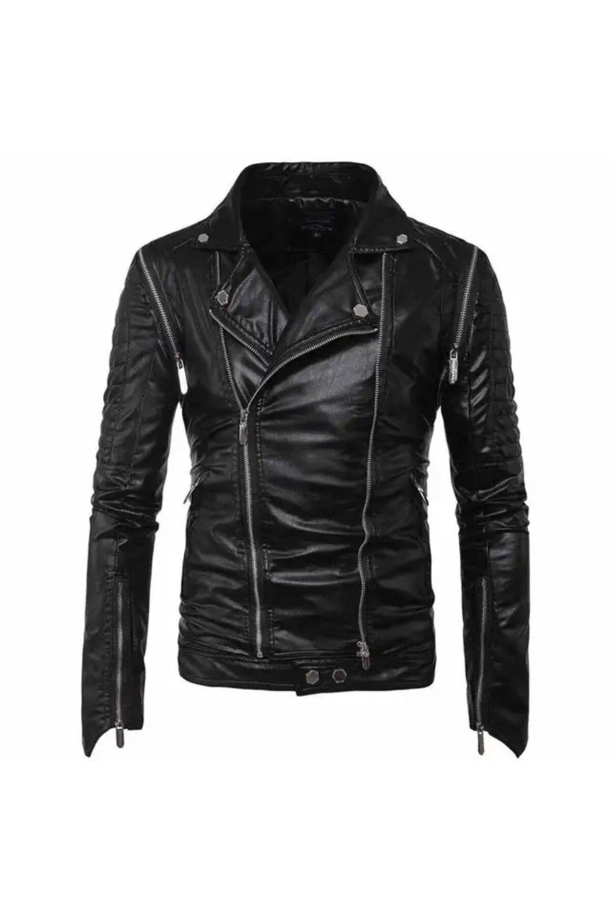 Hakiki kuzu derisi omuzları dikey süs fermuarlı biker mont