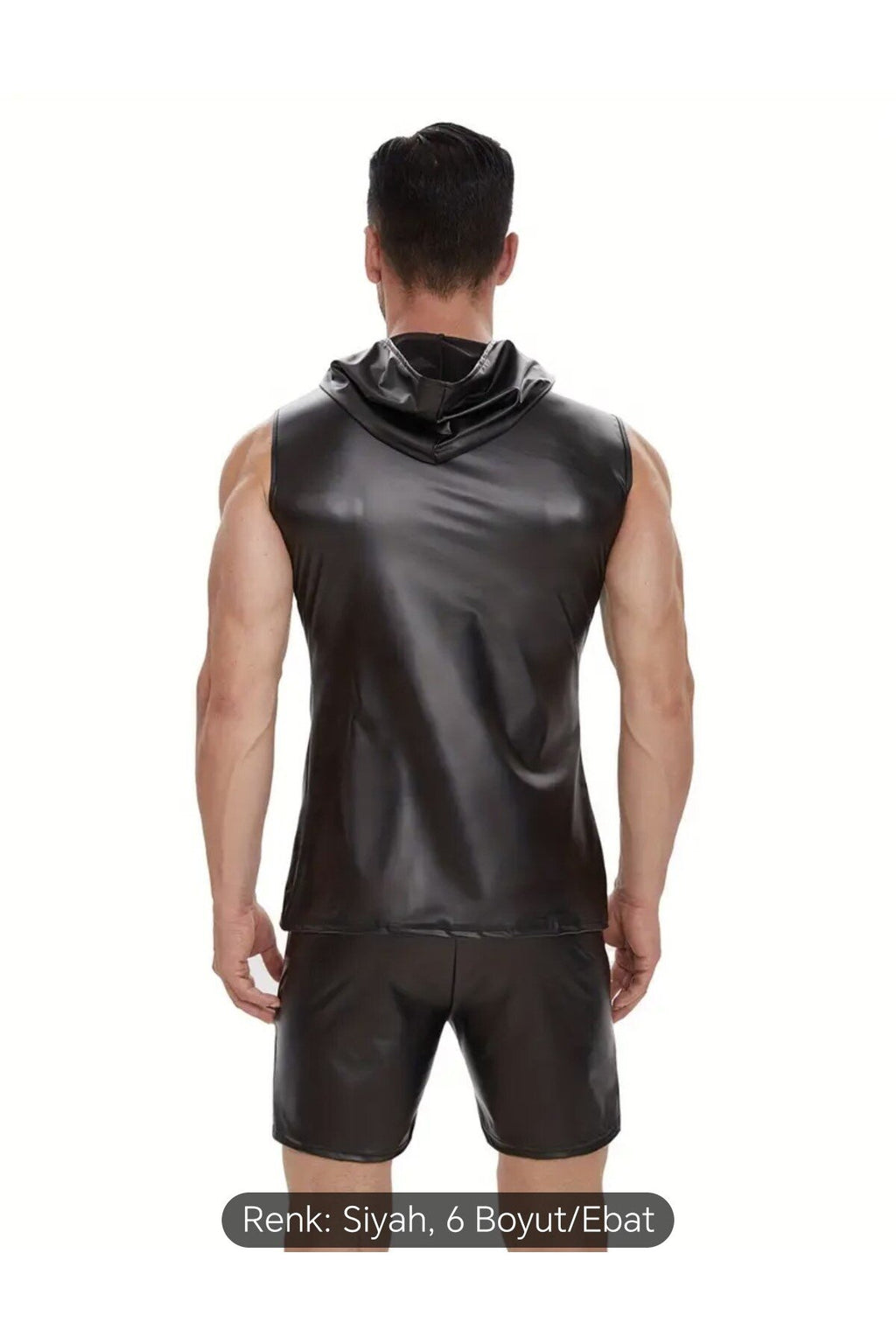 Deri Tişört Kapüşonlu Sıfır Kol Dar Kesim