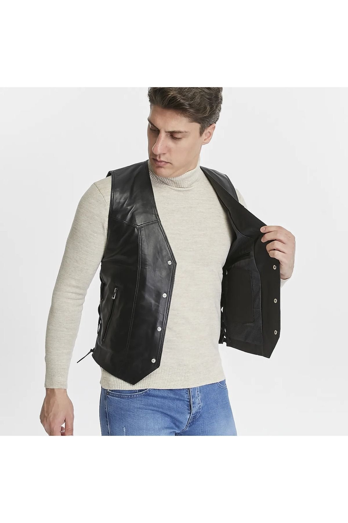 Hakiki Deri Yandan Ayarlanabilir Bağcıklı Yelek