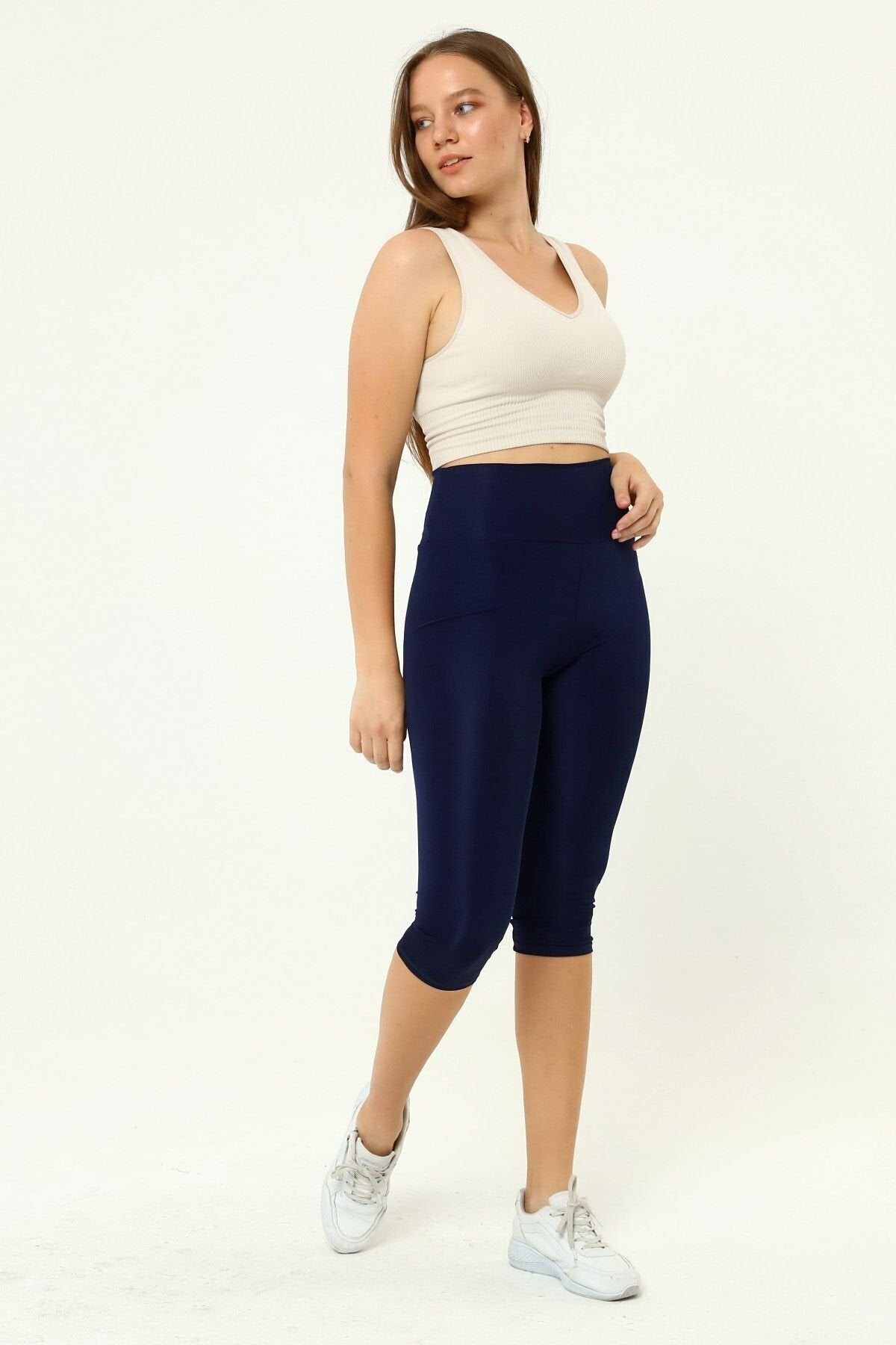 İnce Kapri Tayt Toparlayıcı Yüksel Bel Lacivert Renk