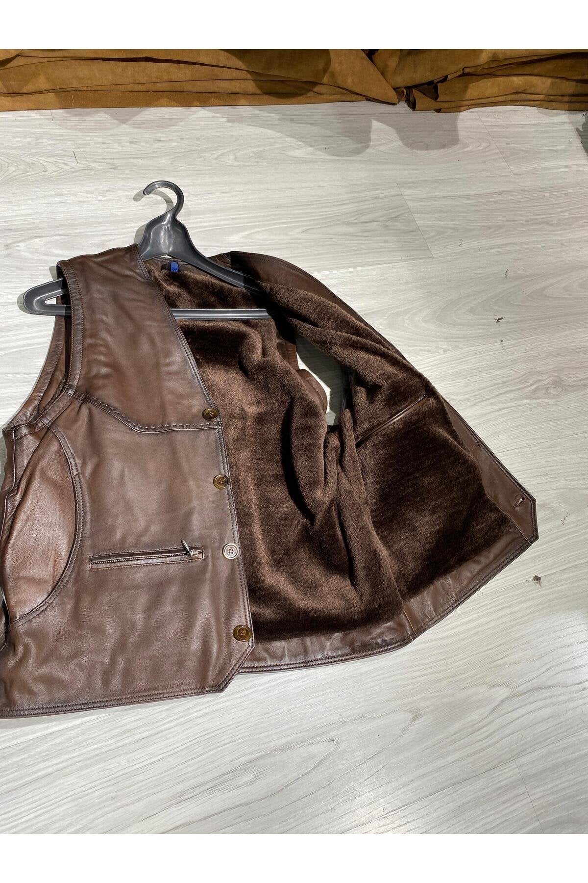 Kürklü Rahat Kesim Uzun Yelek 6 Cepli Hakiki Koyun Derisi